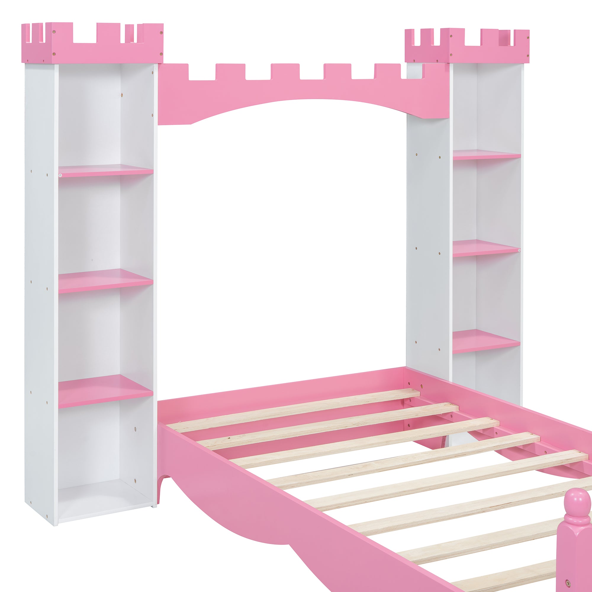 Castle-Shaped Wooden Bed with Storage Shelf, Dreamy Twin Size Platform Bed for Kids Bedroom, White + Pink