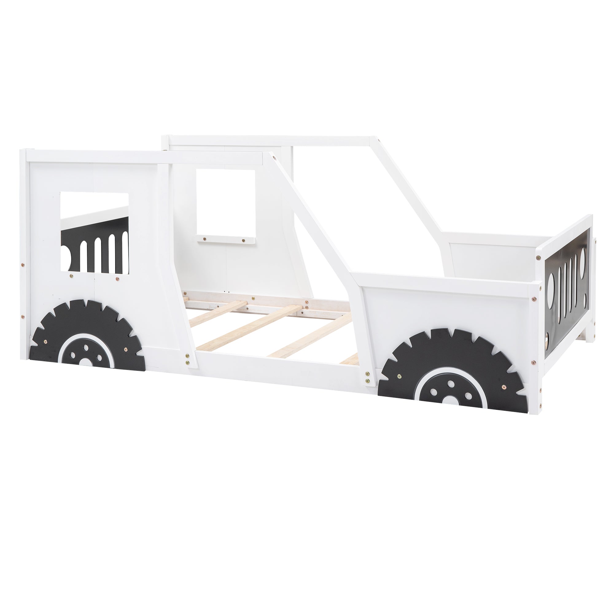 Twin Size Classic Car-Shaped Platform Bed with Wheels White