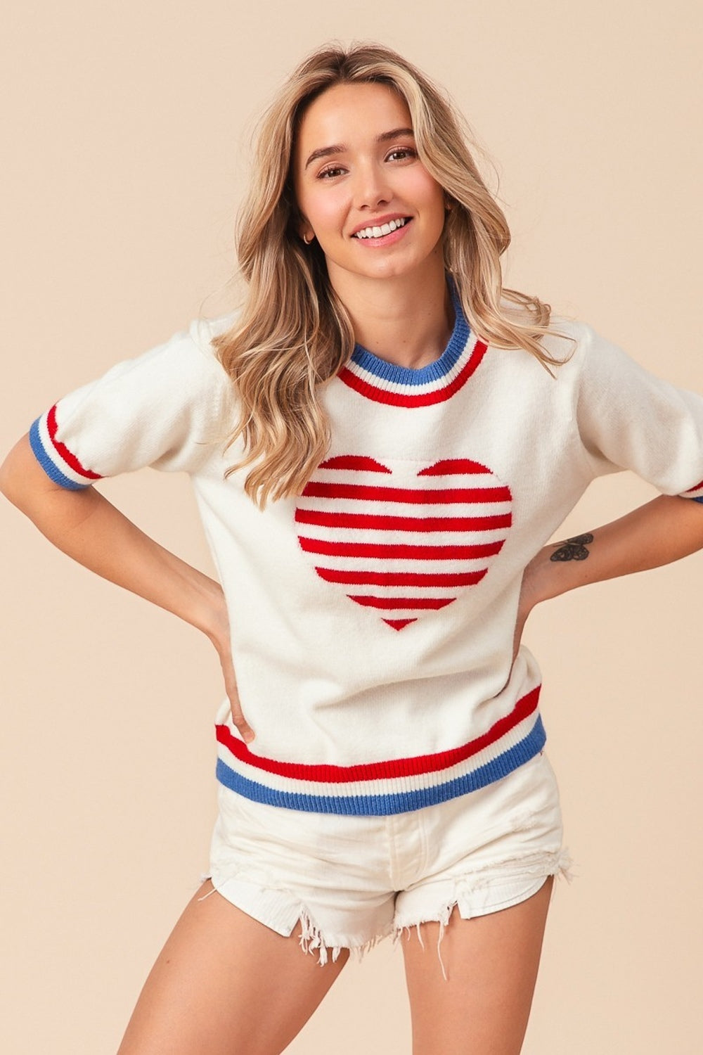 Pull rayé BiBi à motif de cœur et de drapeau américain