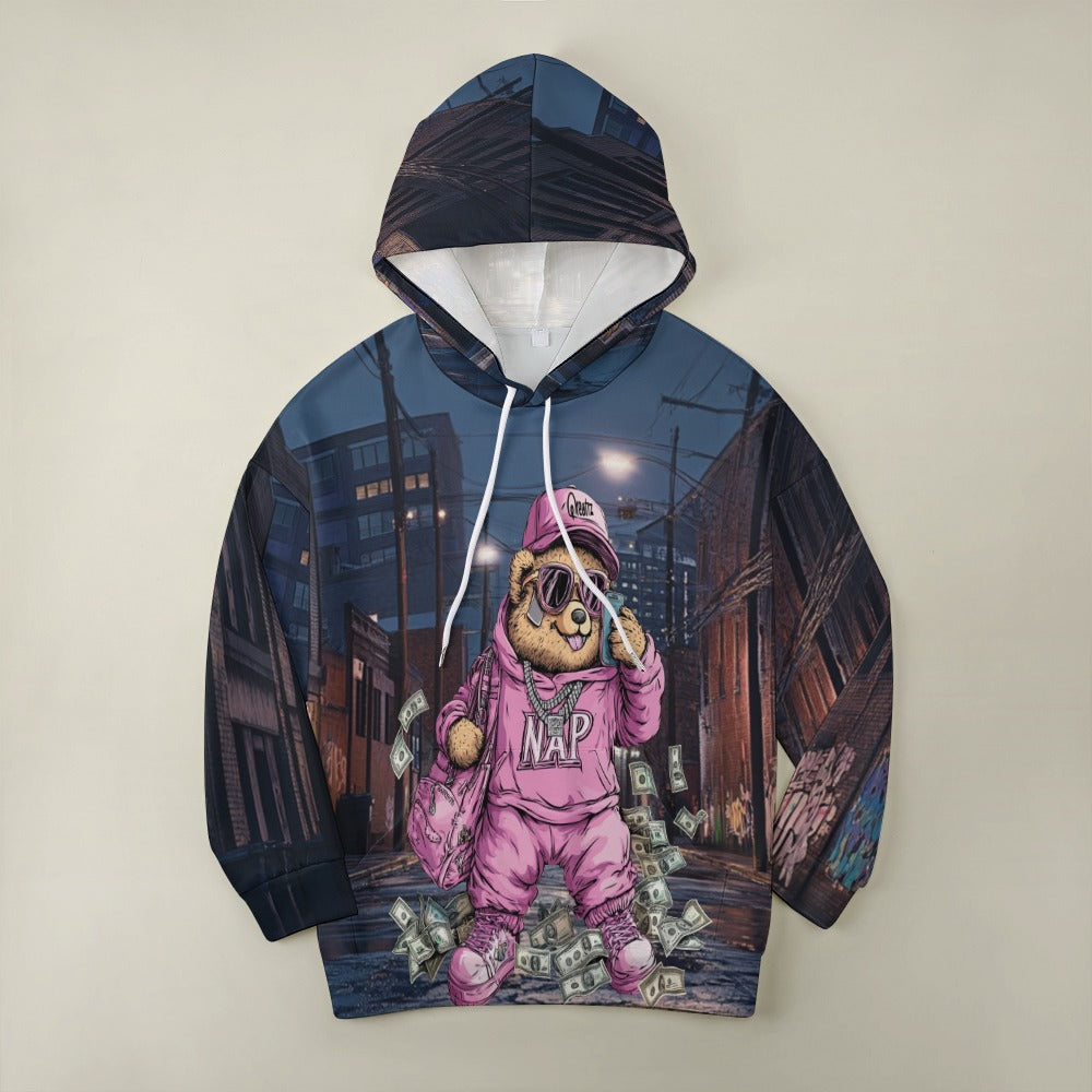 Qreatrz Pink Naptown Indiana Bear in the Street Dropped Sleeve Hoodie