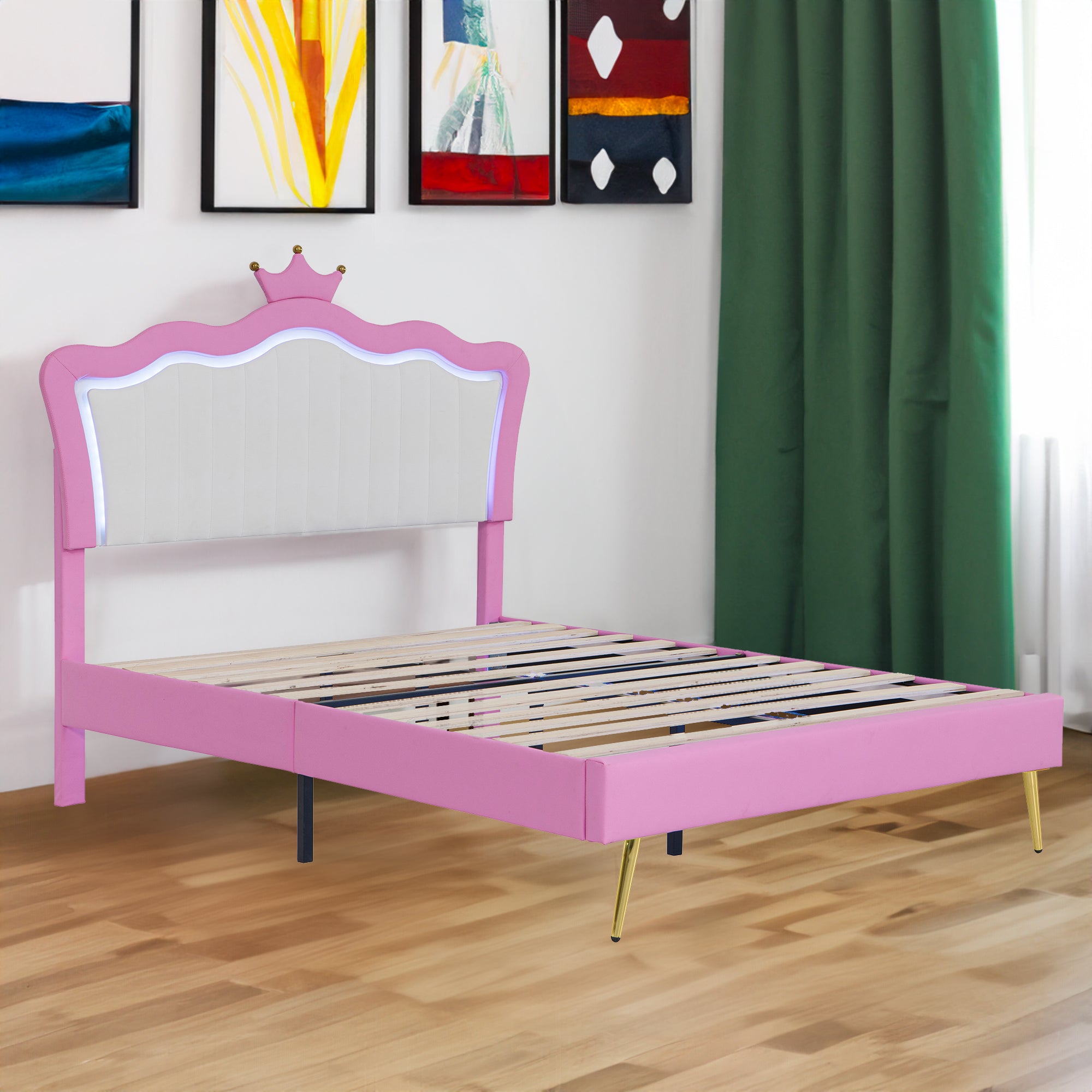 Full Size Upholstered Bed Frame with LED Lights, Modern Upholstered Princess Bed with Crown Headboard, Pink+White