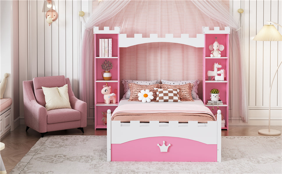 Cama de madera en forma de castillo con estante de almacenamiento, cama de plataforma de tamaño doble de ensueño para dormitorio infantil, rosa y blanco