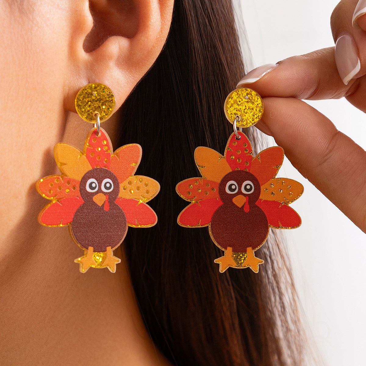 Boucles d'oreilles pendantes en forme de dinde de Thanksgiving pour femme, boucles d'oreilles scintillantes en acrylique à une face créatives