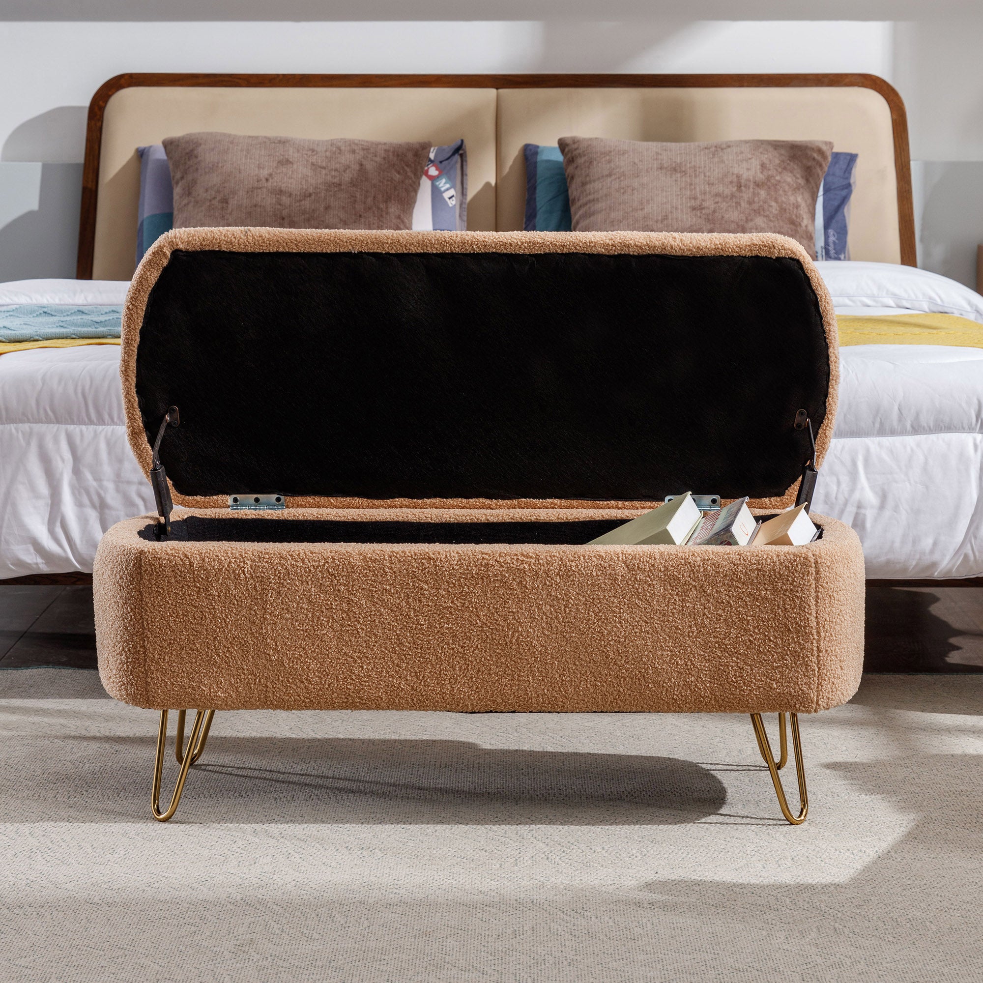 Camel Storage Ottoman Bench for End of Bed Gold Legs