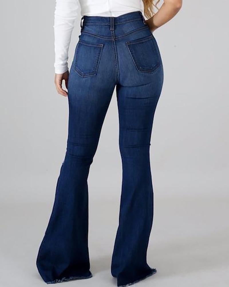 New High Waist Ripped Flared Jeans For Women Fashion Slim Hip Lift Stretch Denim Pants