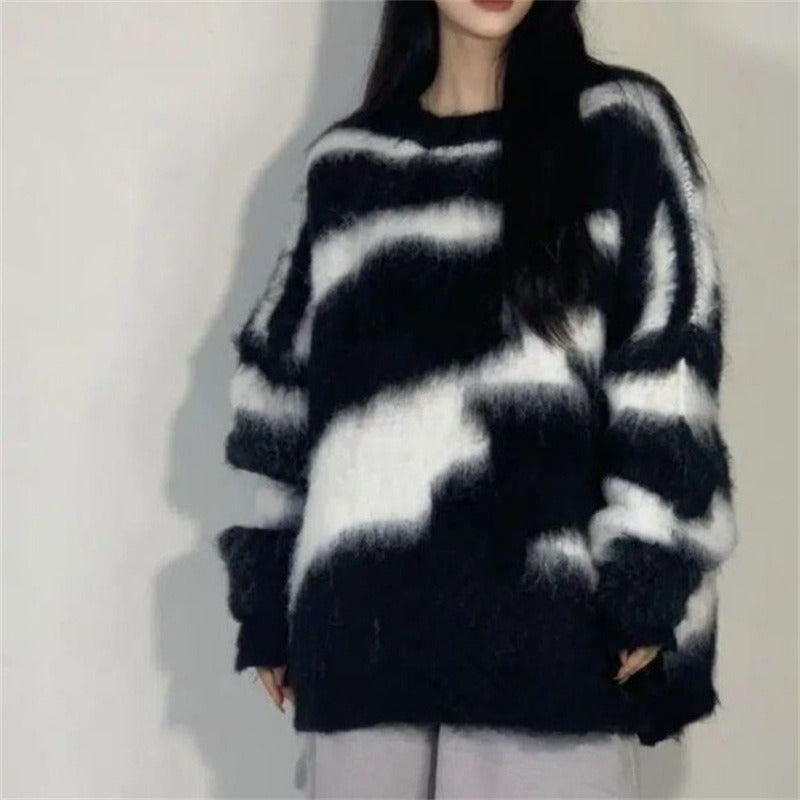 Mid-length imitation mink striped sweater for women in autumn and winter Korean style loose thickened lazy style round neck knitted sweater for women