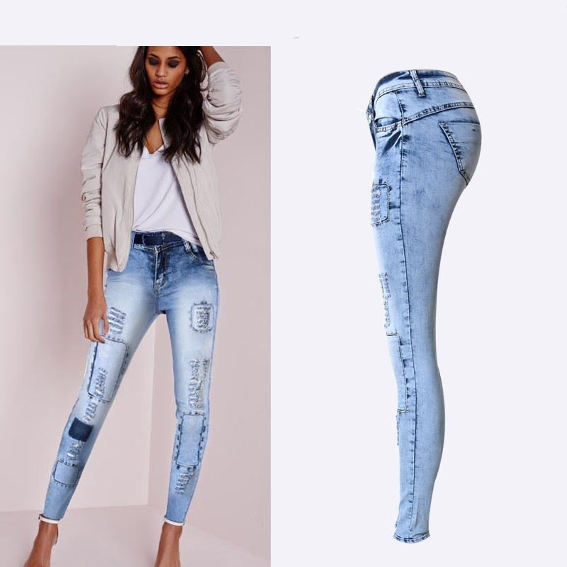 Pantalones vaqueros ajustados de cintura baja con parches de color azul cielo de estilo veraniego para mujer, pantalones vaqueros de tubo de alta elasticidad, pantalones vaqueros sexis con efecto push up, pantalones vaqueros de moda para mujer 