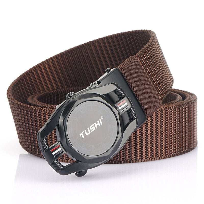 Ceinture automatique en cuir pour homme avec boucle en alliage sans dents et nylon tressé