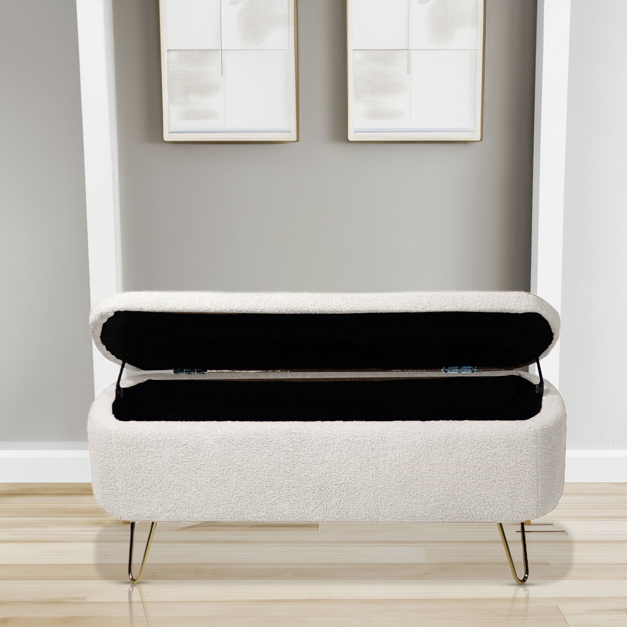 Banc ottoman de rangement blanc ivoire pour bout de lit pieds dorés