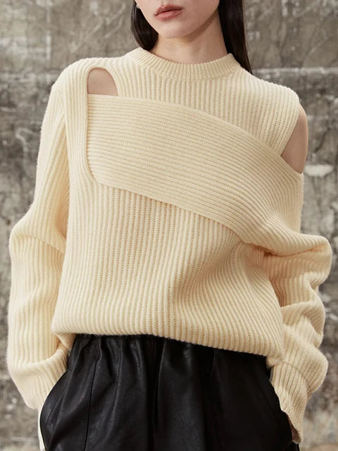 Solid Temperament Sweaters For Women Round Neck Long Sleeve Hollow Out Pull Over Sweater Female Fashion Clothing