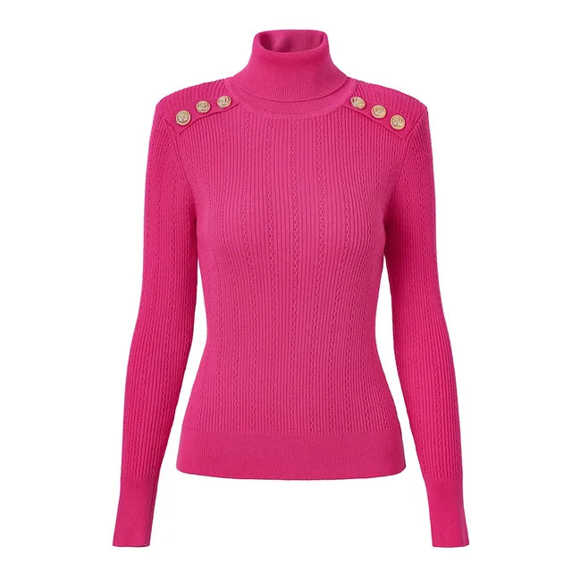 New Classic Turtlenecks Pullovers Long Sleeve Gold Buckle Sweater Women Winter Fall Casual Elasticity Knitting Top