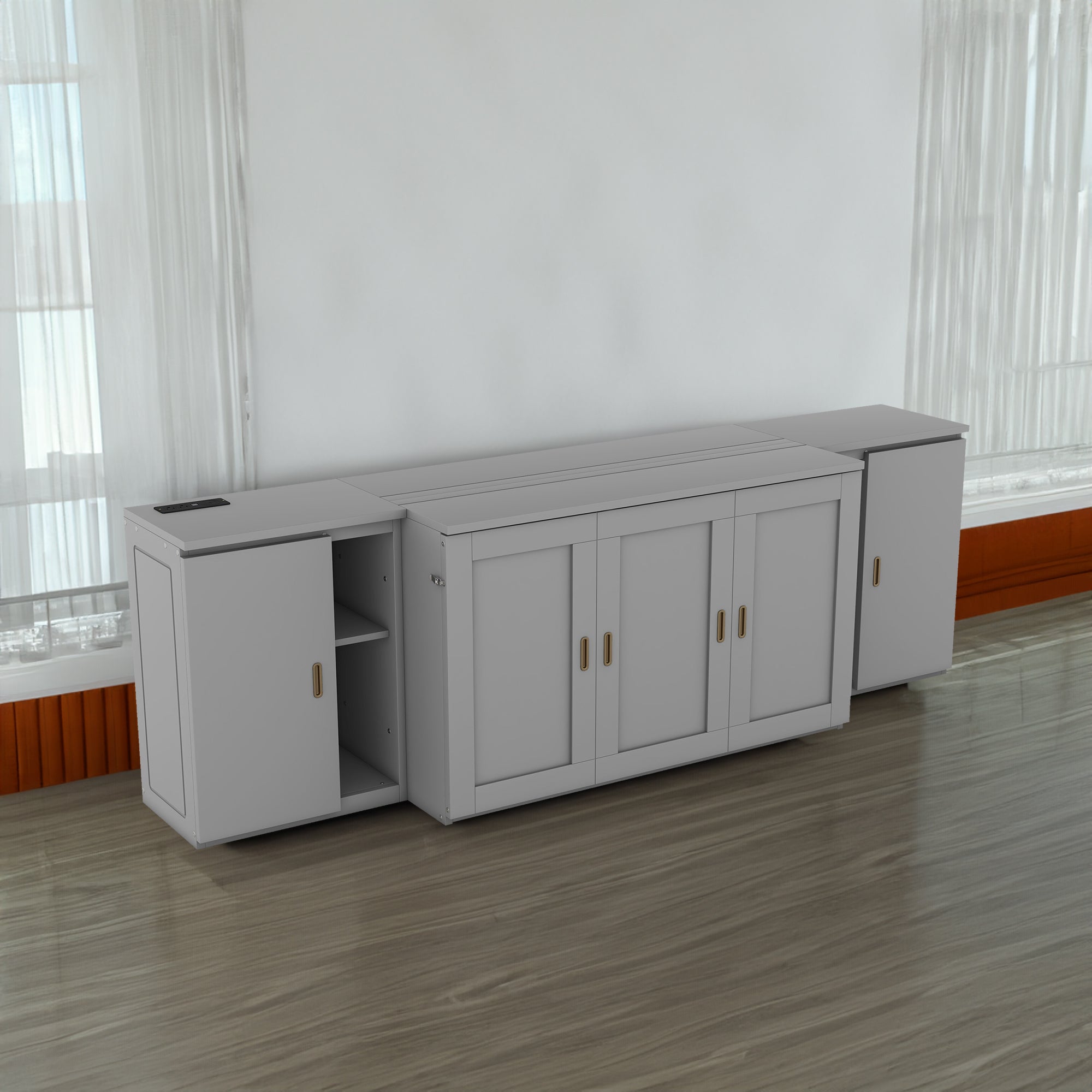 Cama plegable de tamaño completo con estantes, gabinetes y puertos USB, color gris