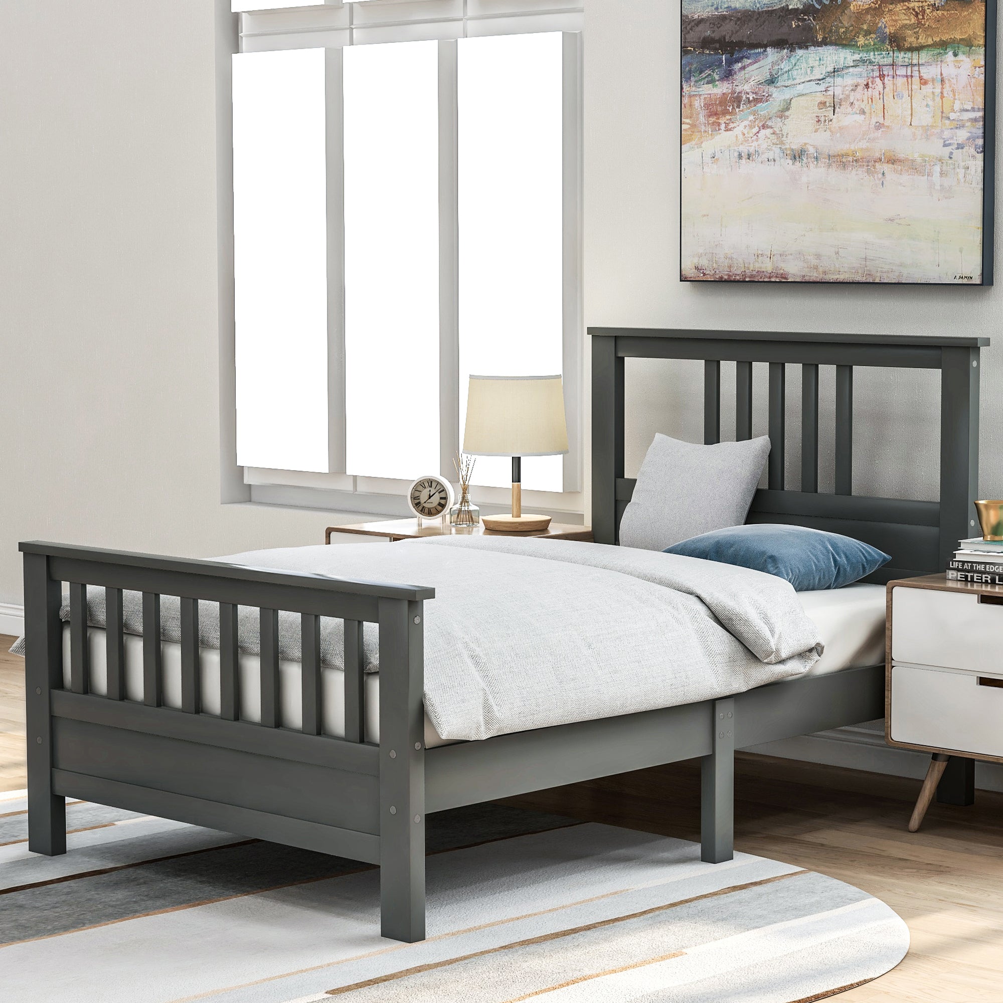 Cama de plataforma de madera con cabecero y pie de cama, tamaño twin (gris)