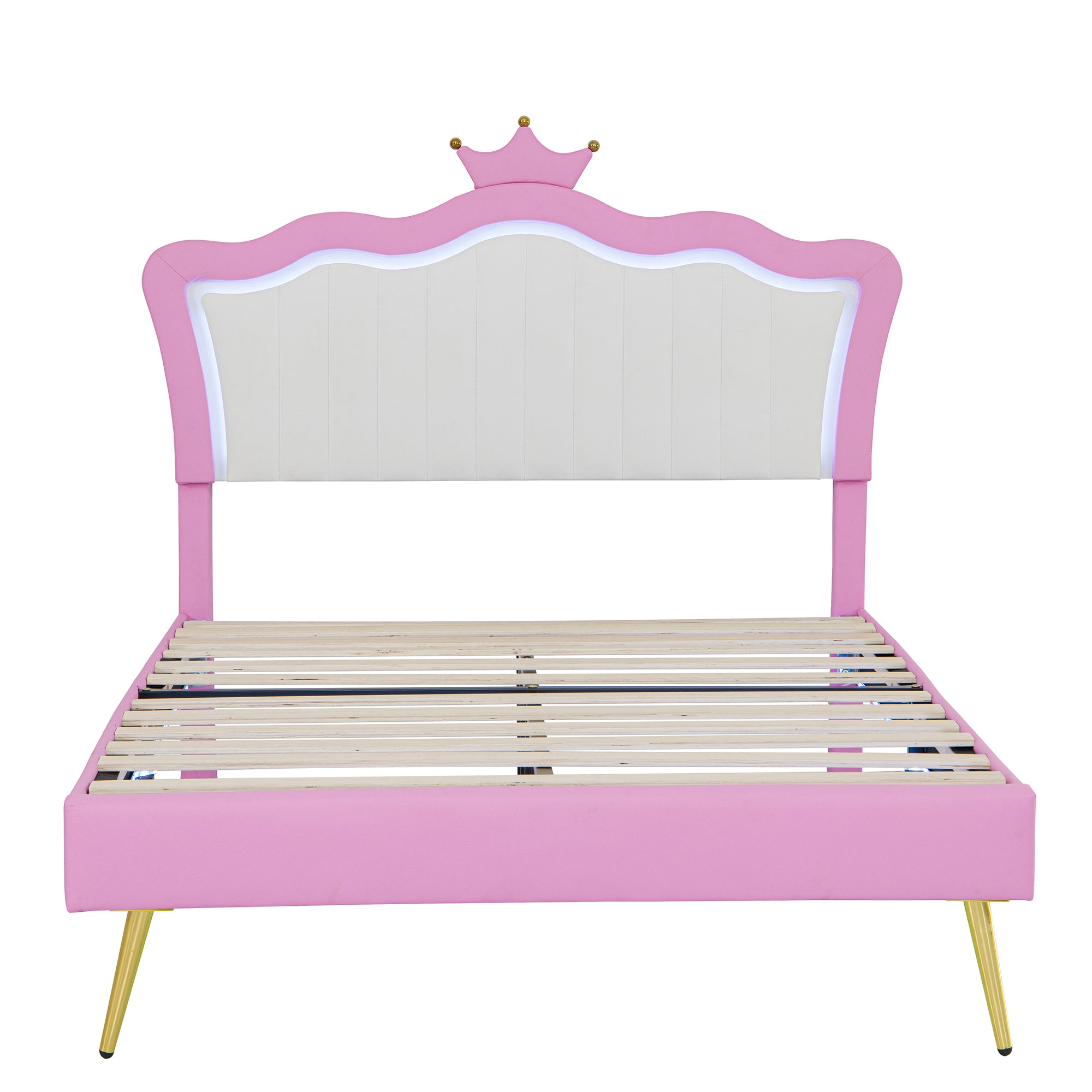 Cadre de lit rembourré pleine grandeur avec lumières LED, lit de princesse rembourré moderne avec tête de lit couronne, rose + blanc