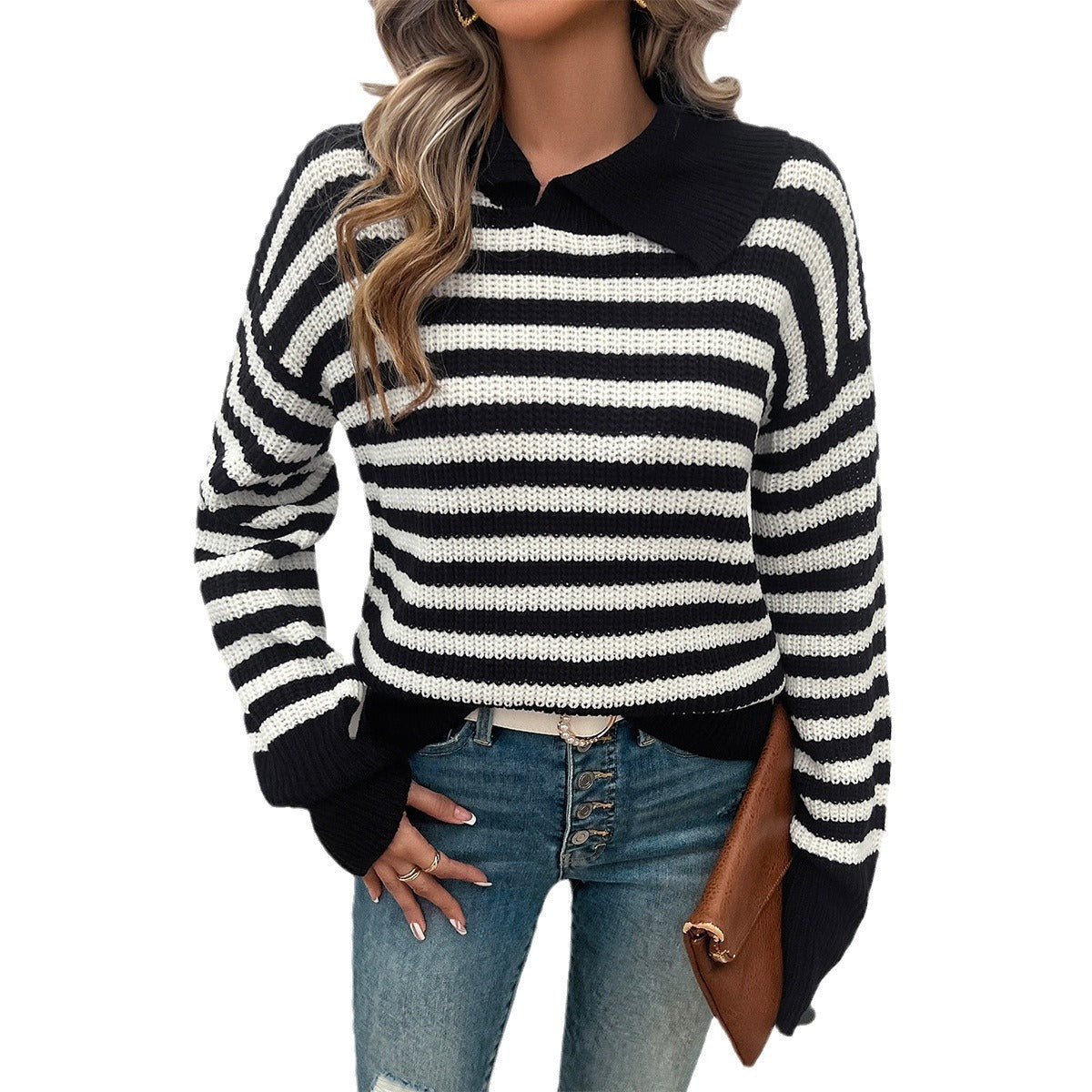 European and American autumn and winter top women's casual loose collar striped long sleeved sweater for women