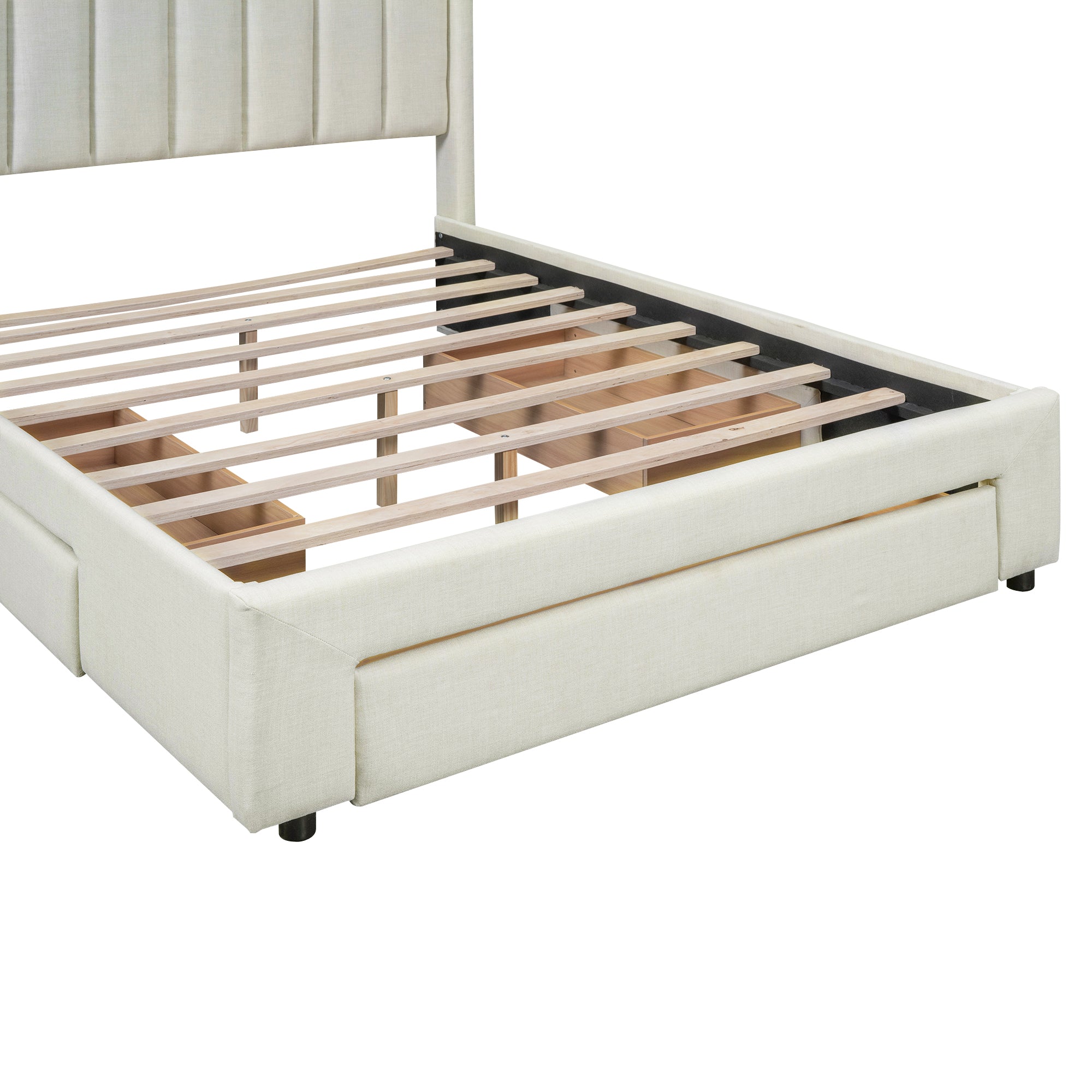 Full Size Upholstered Platform Bed with One Large Drawer in the Footboard and Drawer on Each Side Beige