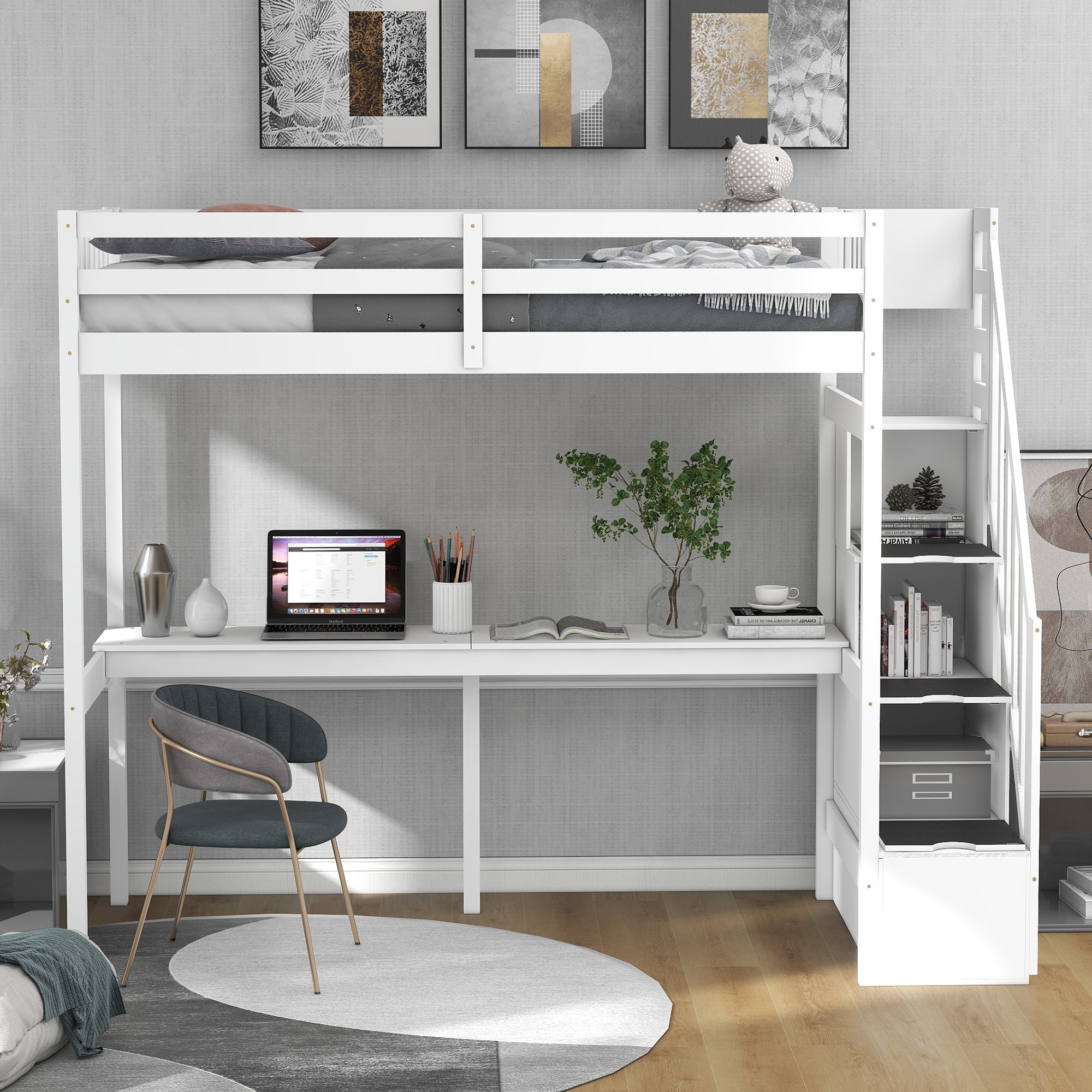 Lit mezzanine simple avec escalier de rangement et bureau intégré, blanc