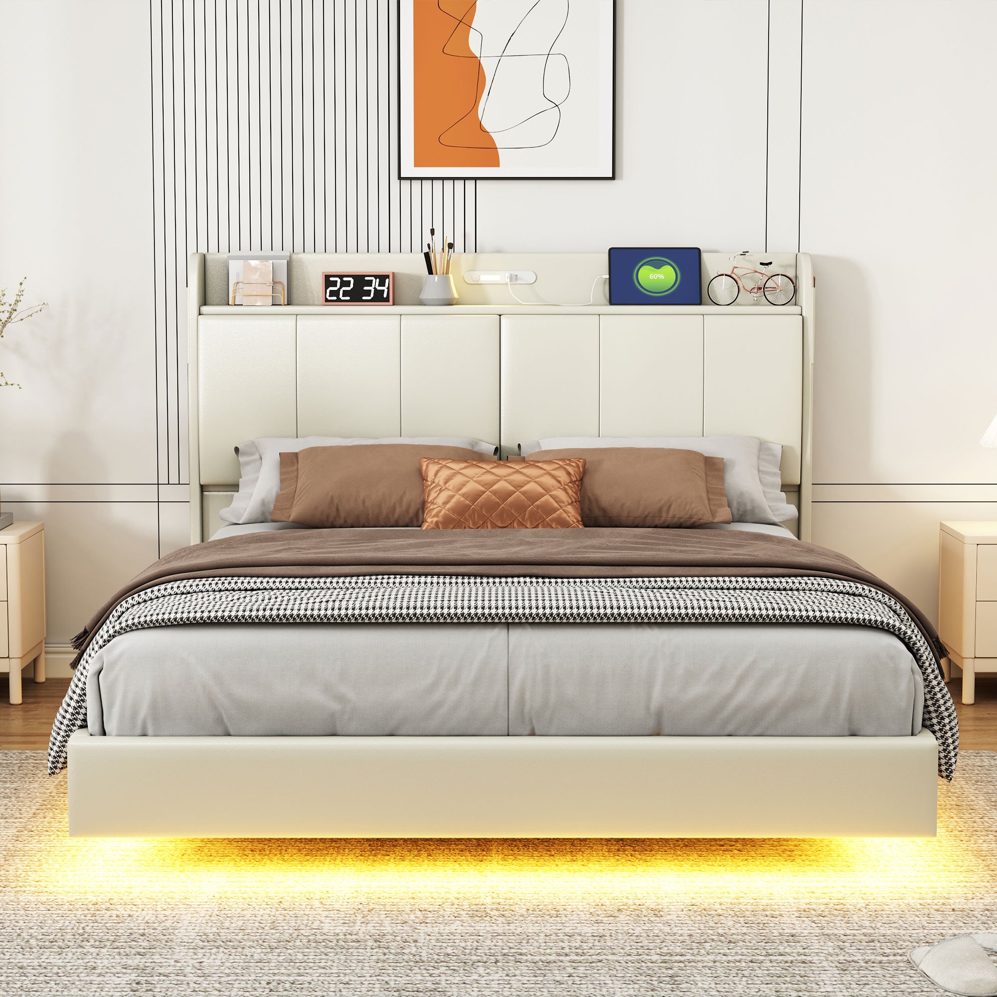 Large floating bed frame with storage headboard, touch sensor, night light and USB charger, padded platform bed, beige color