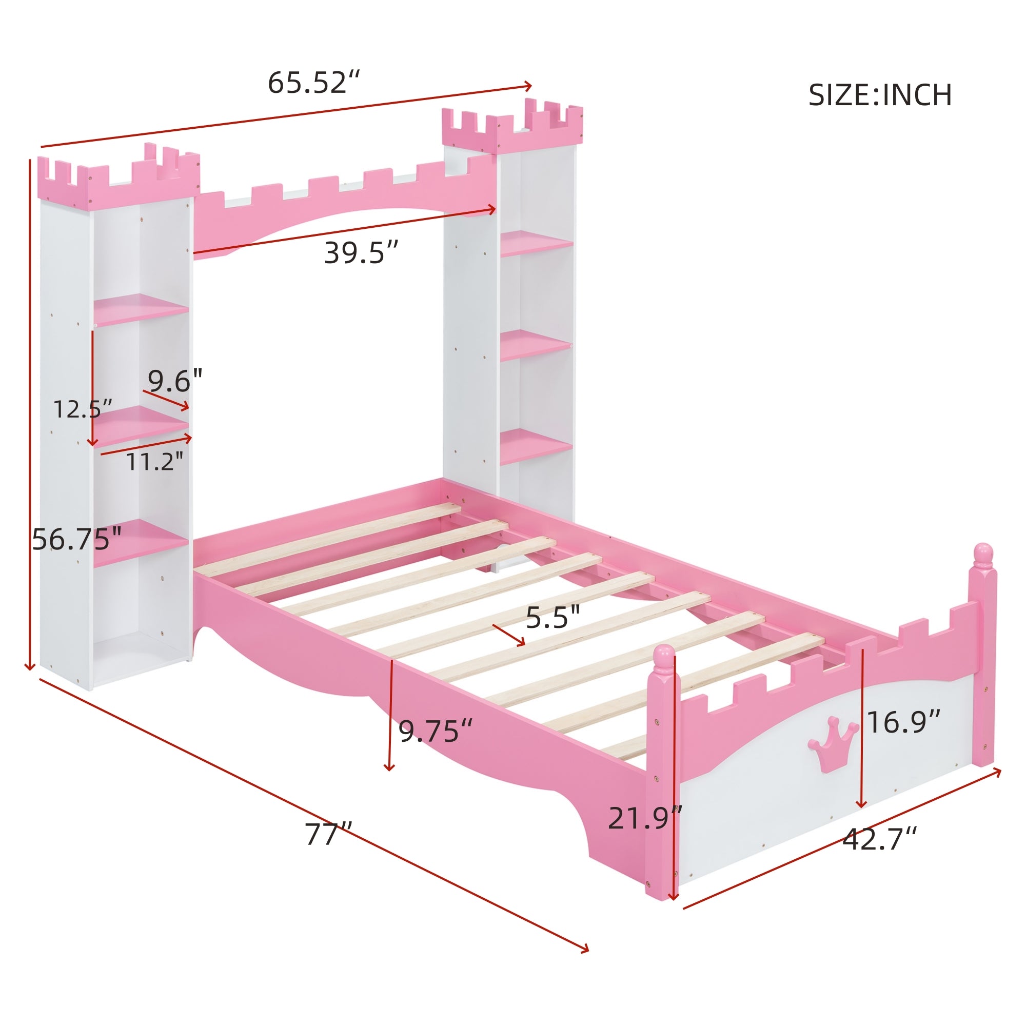 Cama de madera en forma de castillo con estante de almacenamiento, cama de plataforma de tamaño doble de ensueño para dormitorio infantil, blanco y rosa