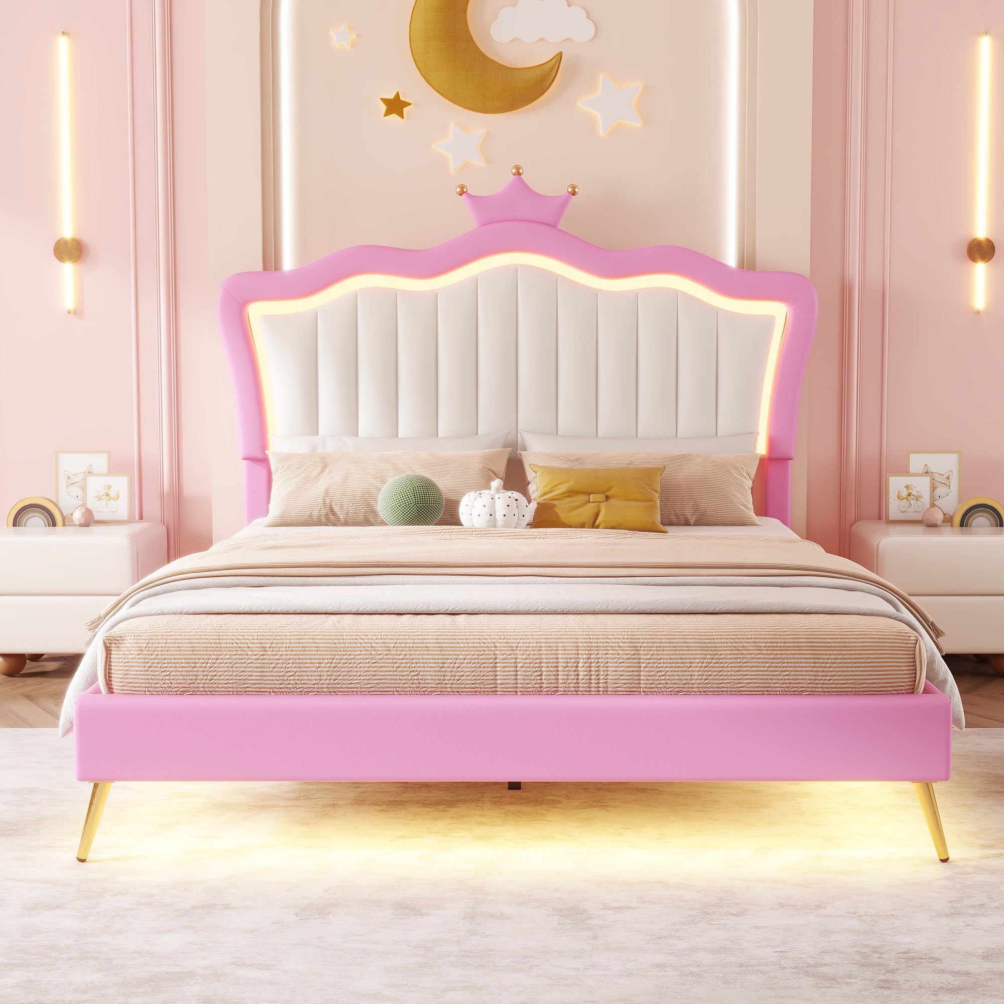 Cadre de lit rembourré pleine grandeur avec lumières LED, lit de princesse rembourré moderne avec tête de lit couronne, rose + blanc