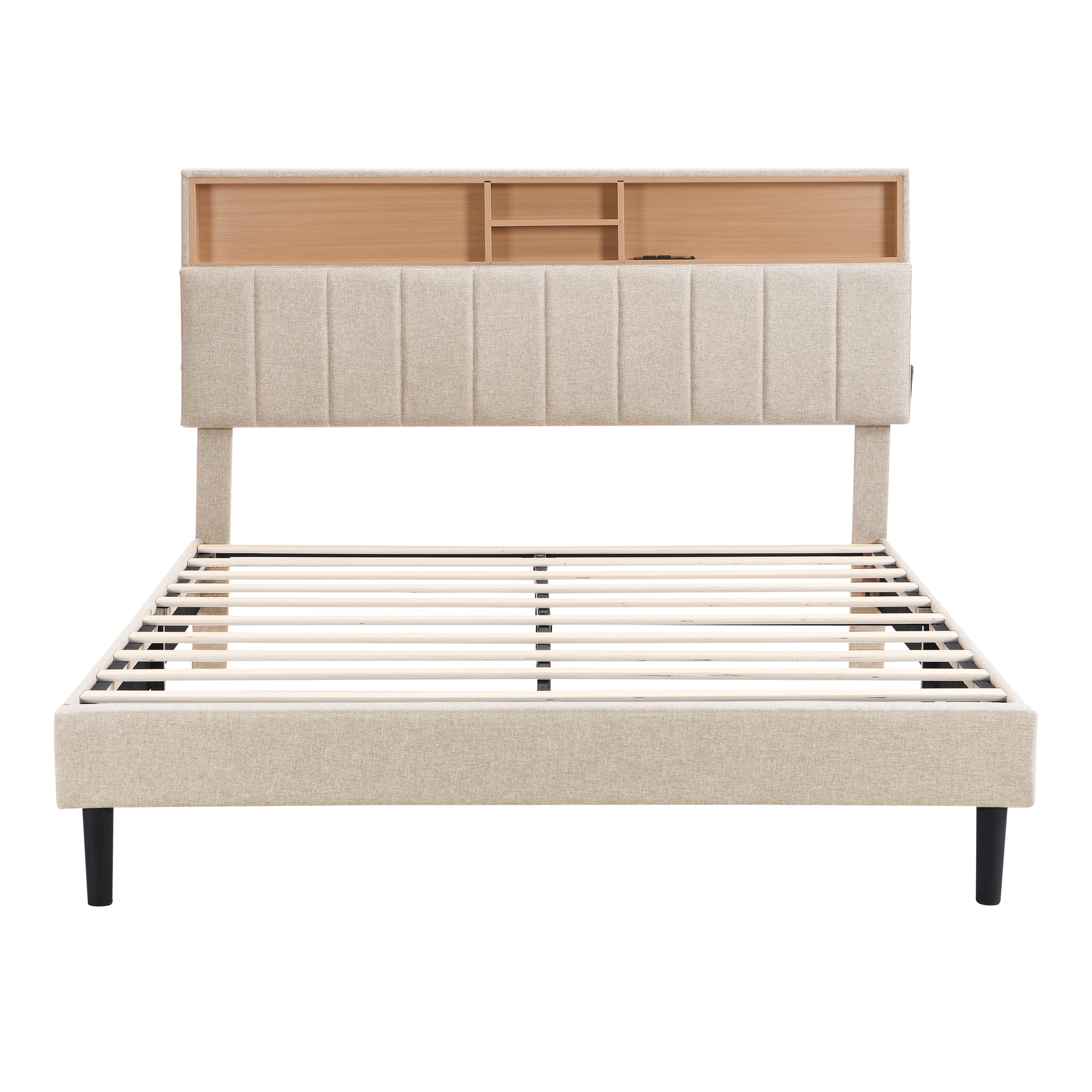 Cama tamaño queen con plataforma tapizada, cabecera con espacio de almacenamiento y puerto USB, cama tapizada en tela de lino (beige)