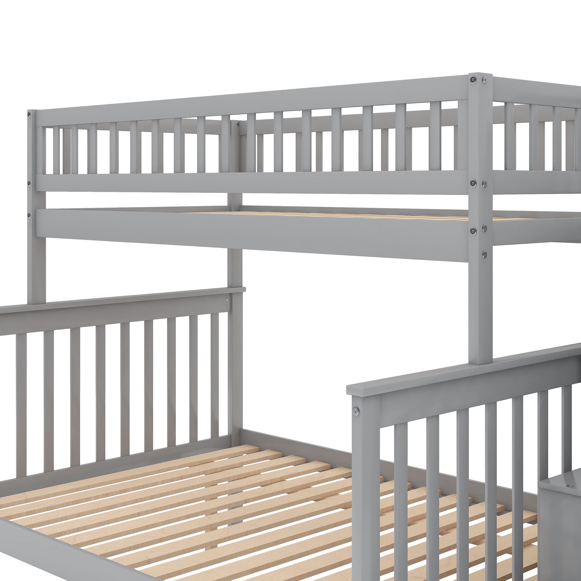 Twin over Full Bunk Bed with Trundle and Staircase Gray