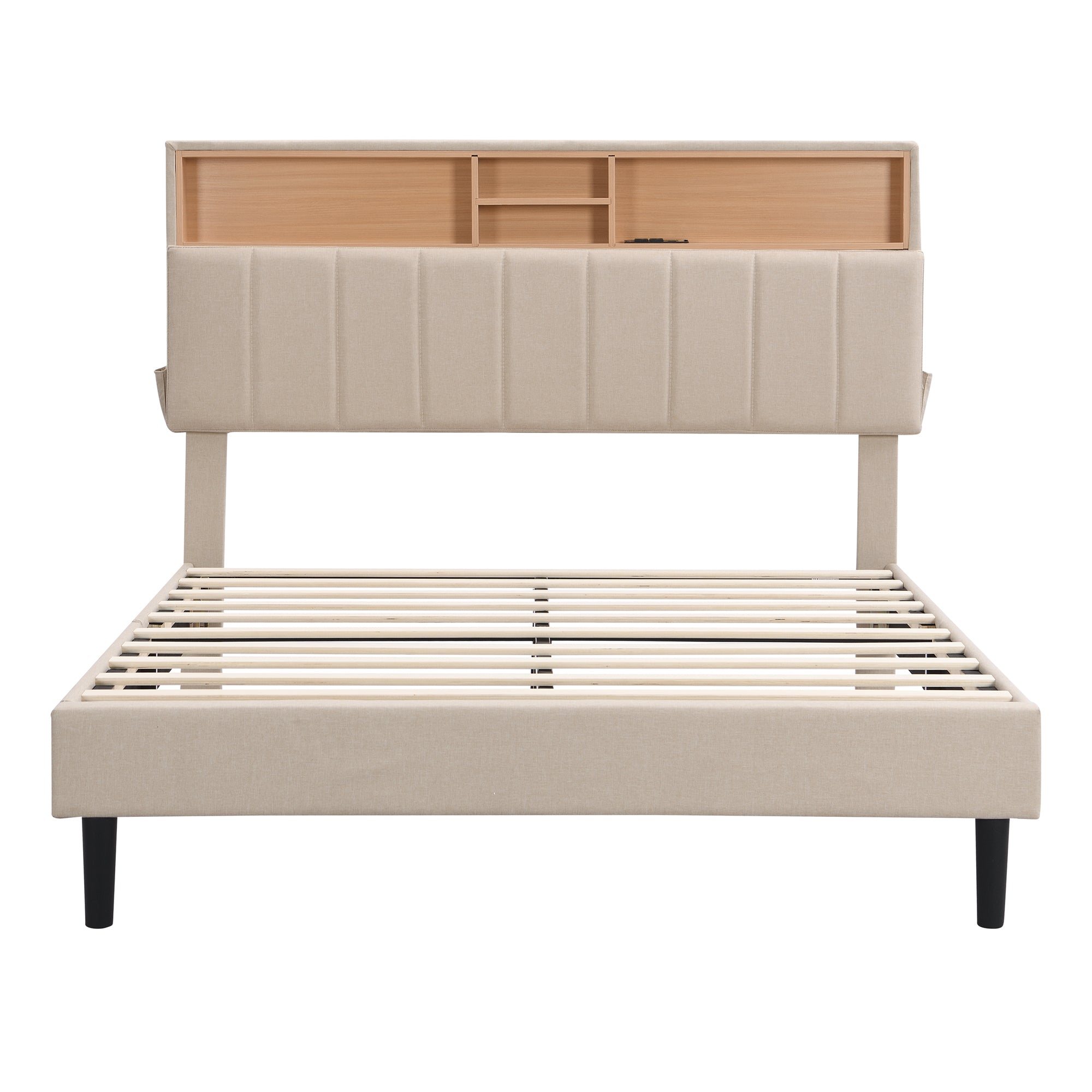 Full size Upholstered Platform Bed with Storage Headboard and USB Port Linen Fabric Upholstered Bed (Beige)