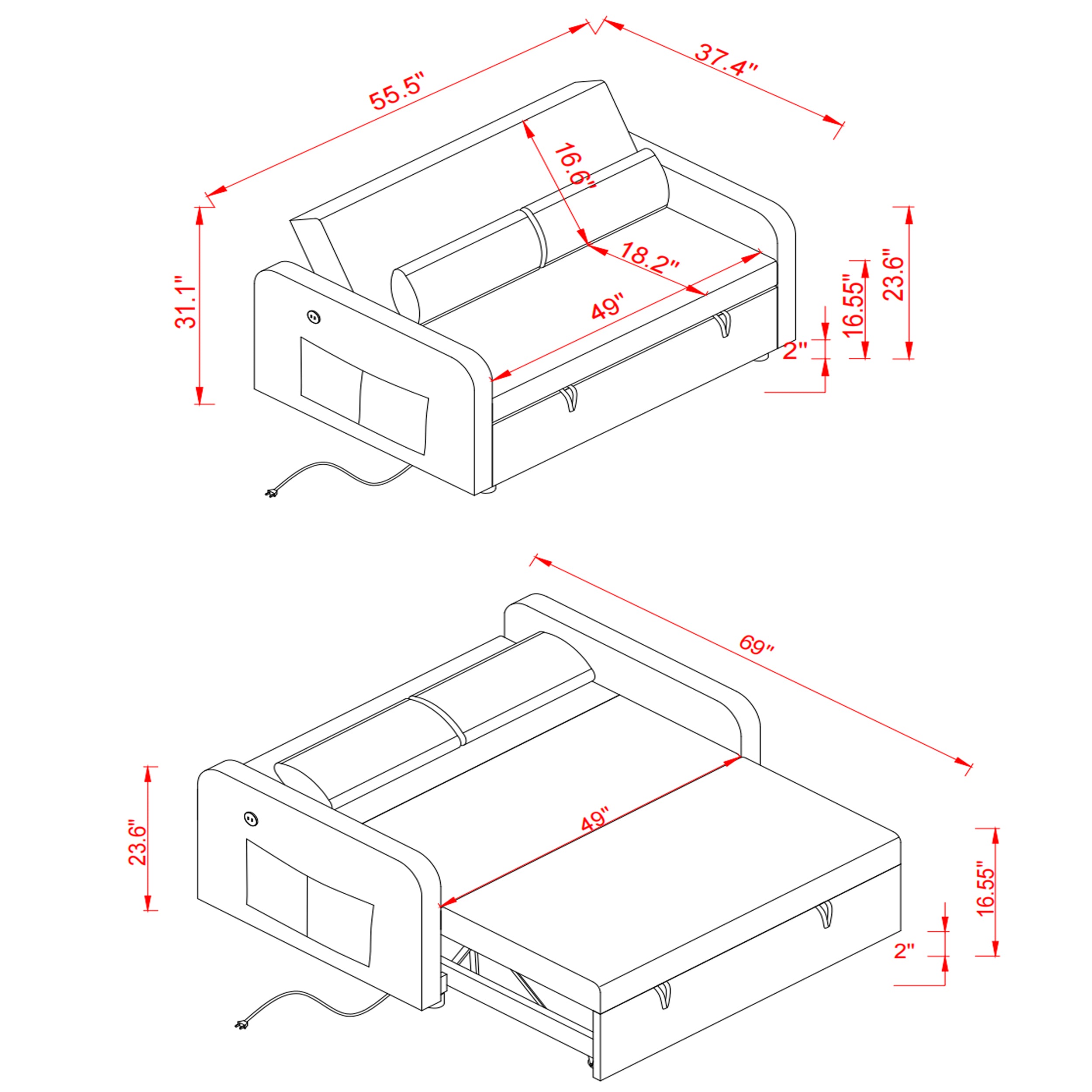 Twins Sofa Bed Grey Fabric