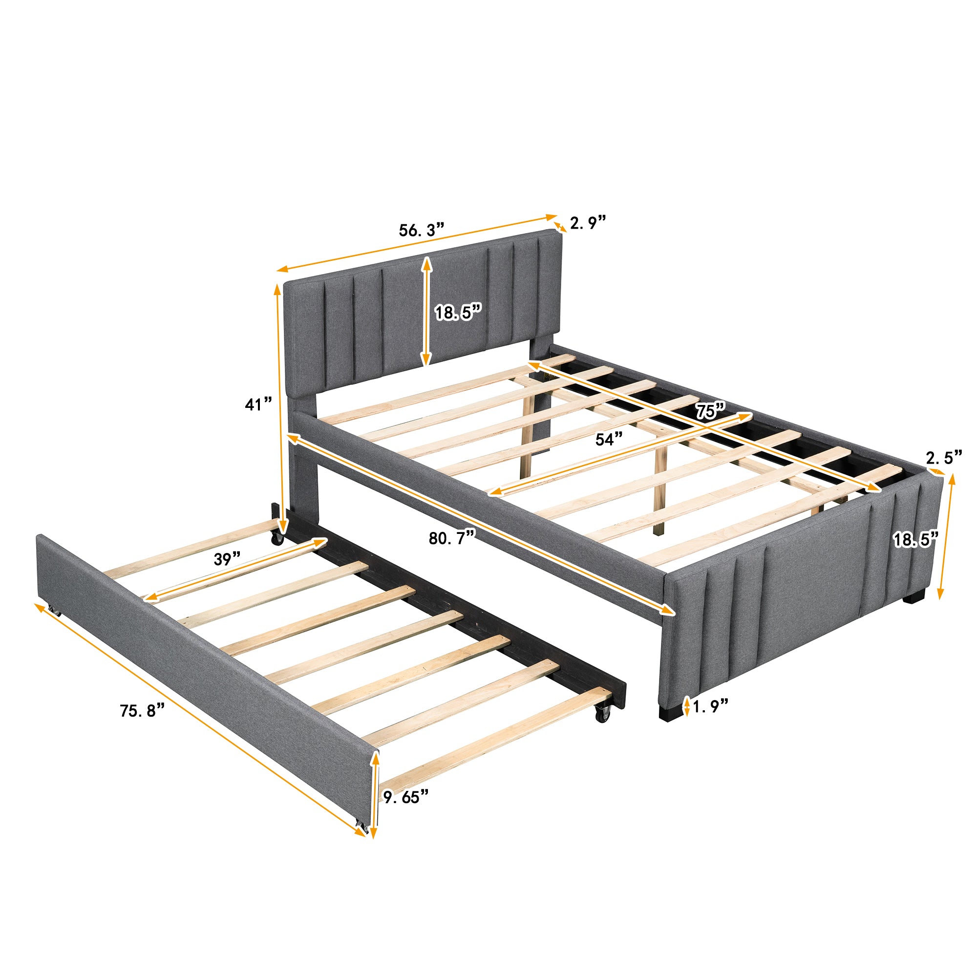 Full Upholstered Platform Bed with Trundle Grey