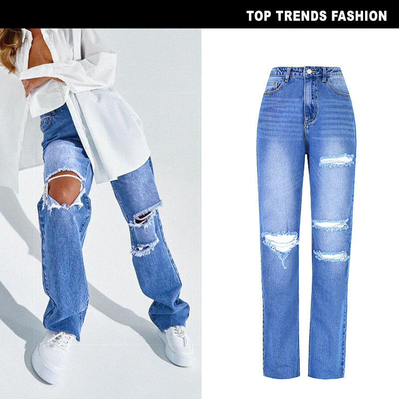 Women's High Waist Straight Jeans Women's Loose Daddy Pants Washed Street Hole Spring and Autumn Carrot Pants