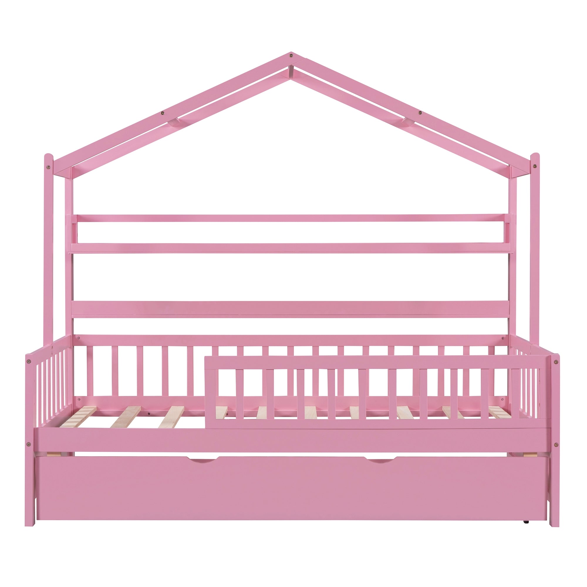 Wooden Twin Size House Bed with Trundle Kids Bed with Shelf Pink