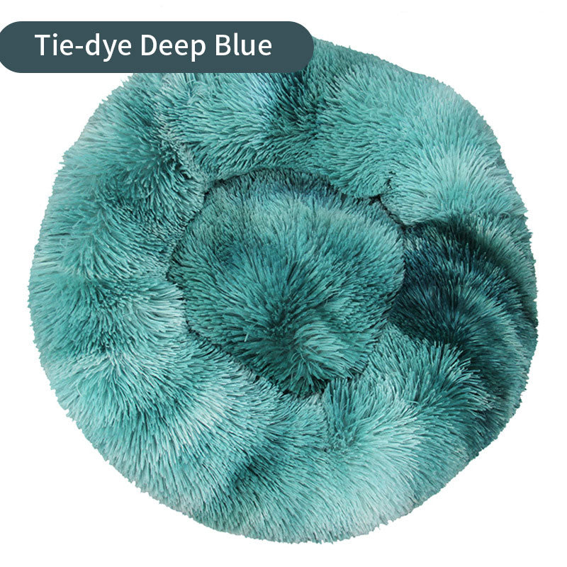 Dog Kennel Cat Kennel Long Tie-Dye Plush Round Pet Kennel Dog Bed Winter Dog Mat Pet Tie-Dye Mattress Pet Supplies