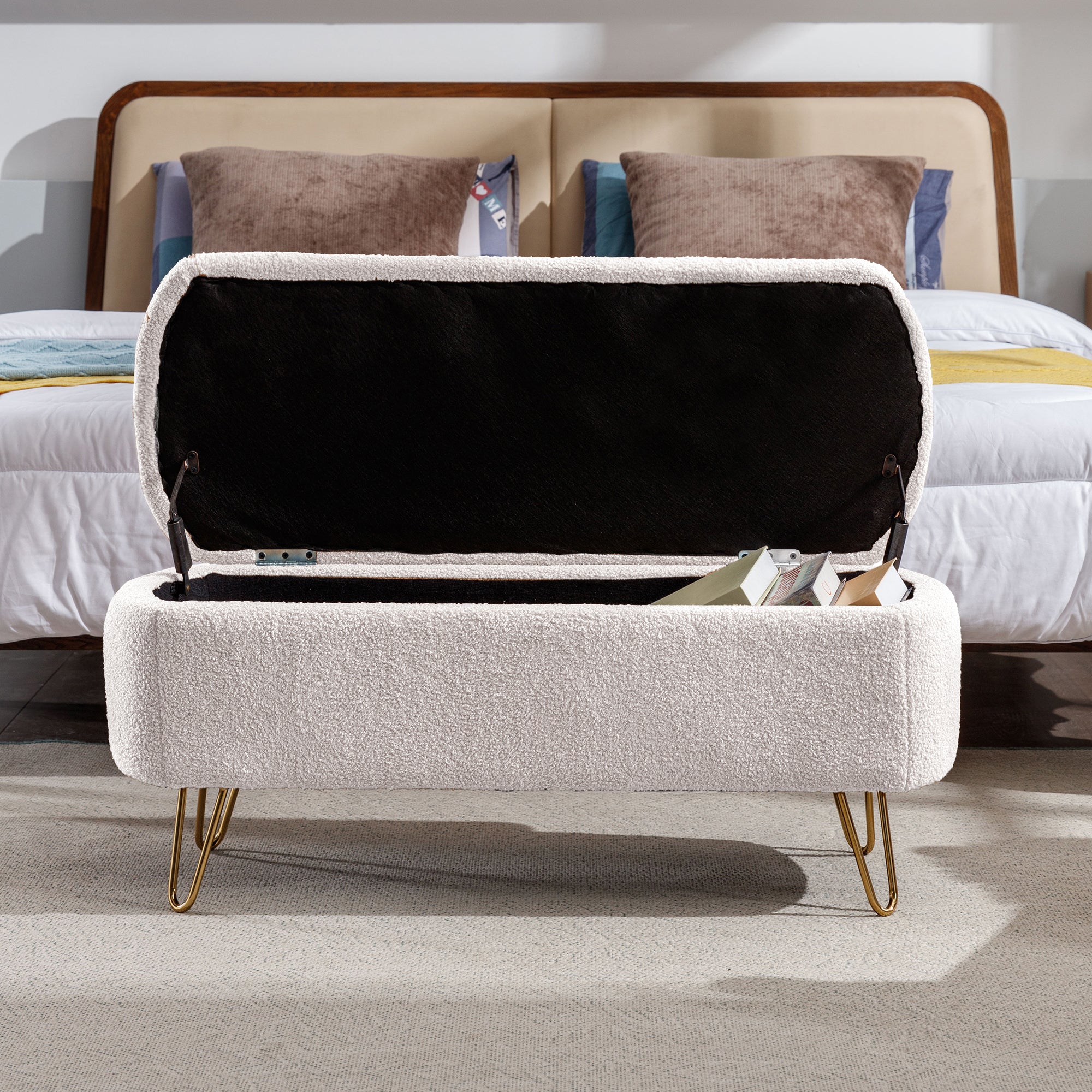 Ivory White Storage Ottoman Bench for End of Bed Gold Legs