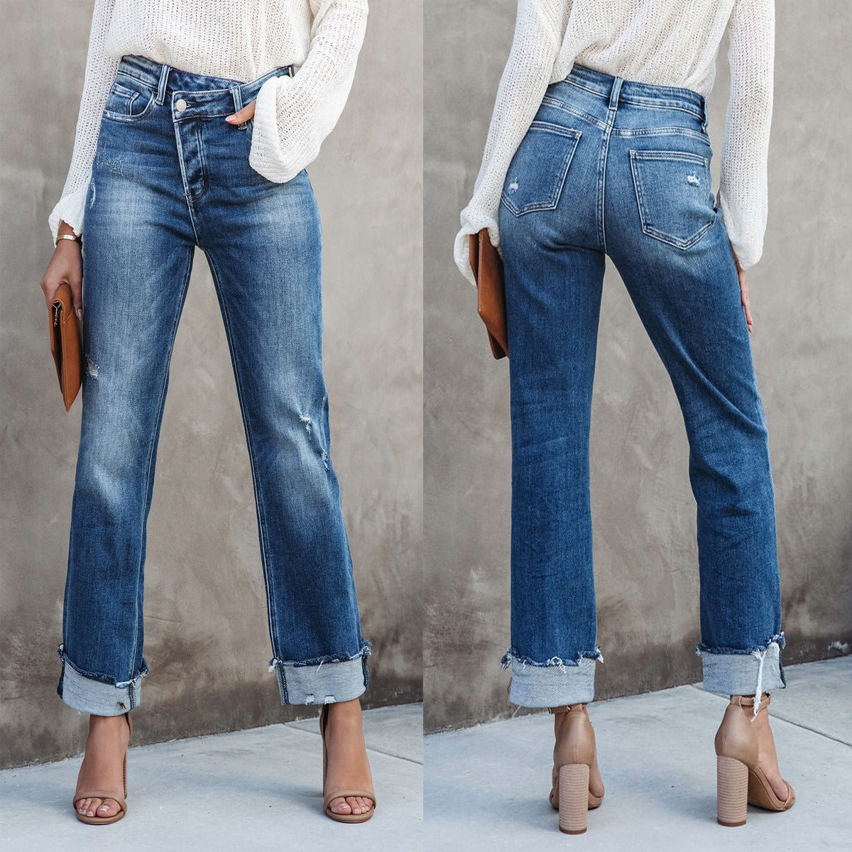 New Casual Loose Women's Jeans Wash Button Pockets High Waist Denim