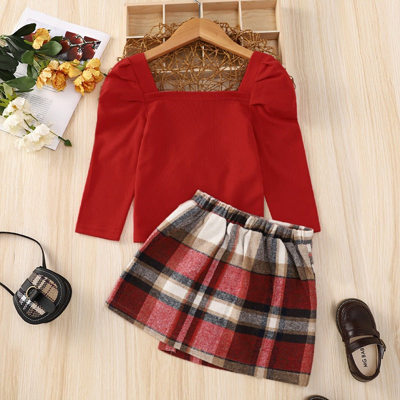 Red Long Sleeved Mid Autumn Children's Autumn Dress Tartan Suit