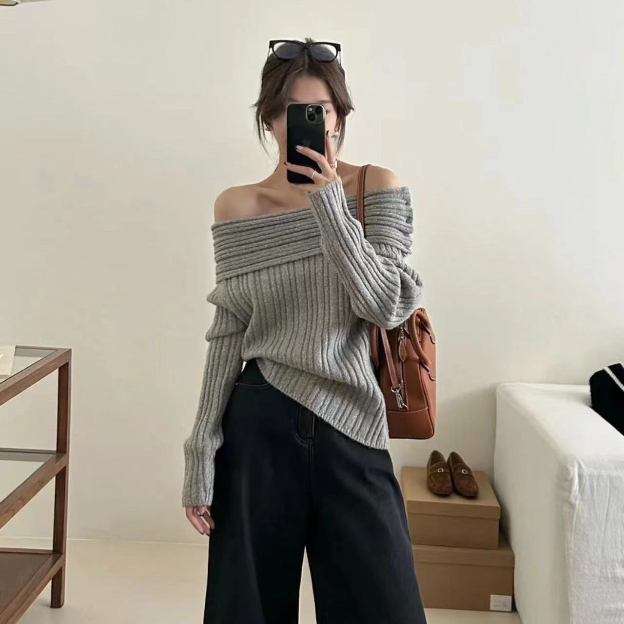 Elegant Slash Neck Off Shoulder Women Knitt Sweater Fashion Simple Long Sleeve Pullovers Autumn Winter Streetwear Lady Sweater