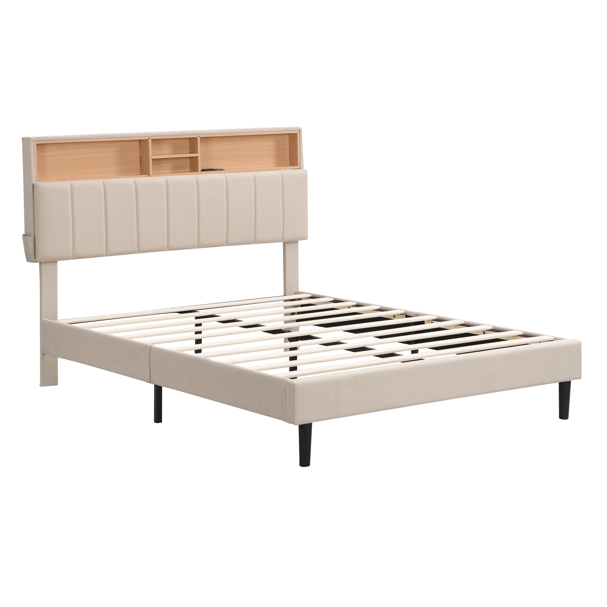 Full size Upholstered Platform Bed with Storage Headboard and USB Port Linen Fabric Upholstered Bed (Beige)