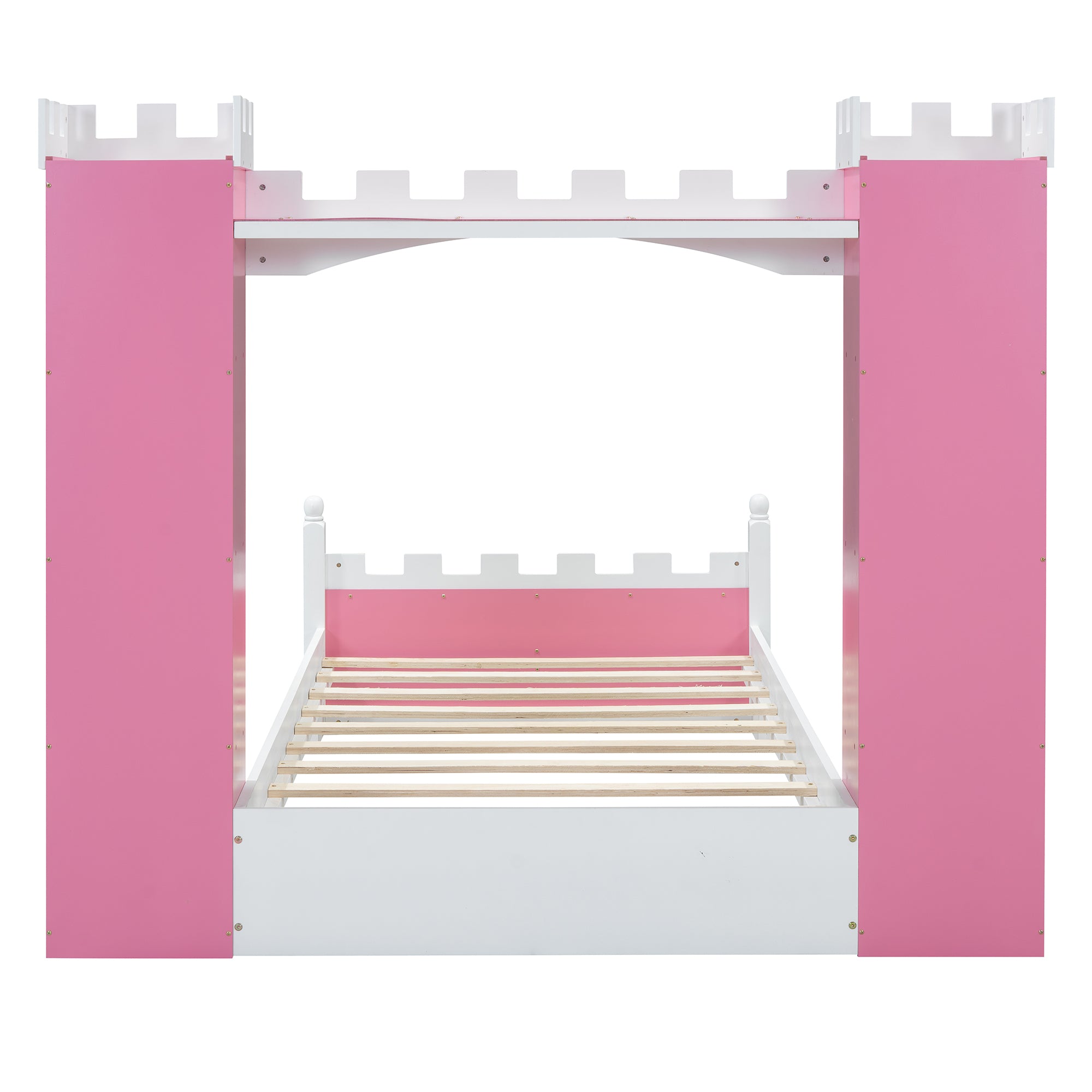 Cama de madera en forma de castillo con estante de almacenamiento, cama de plataforma de tamaño doble de ensueño para dormitorio infantil, rosa y blanco