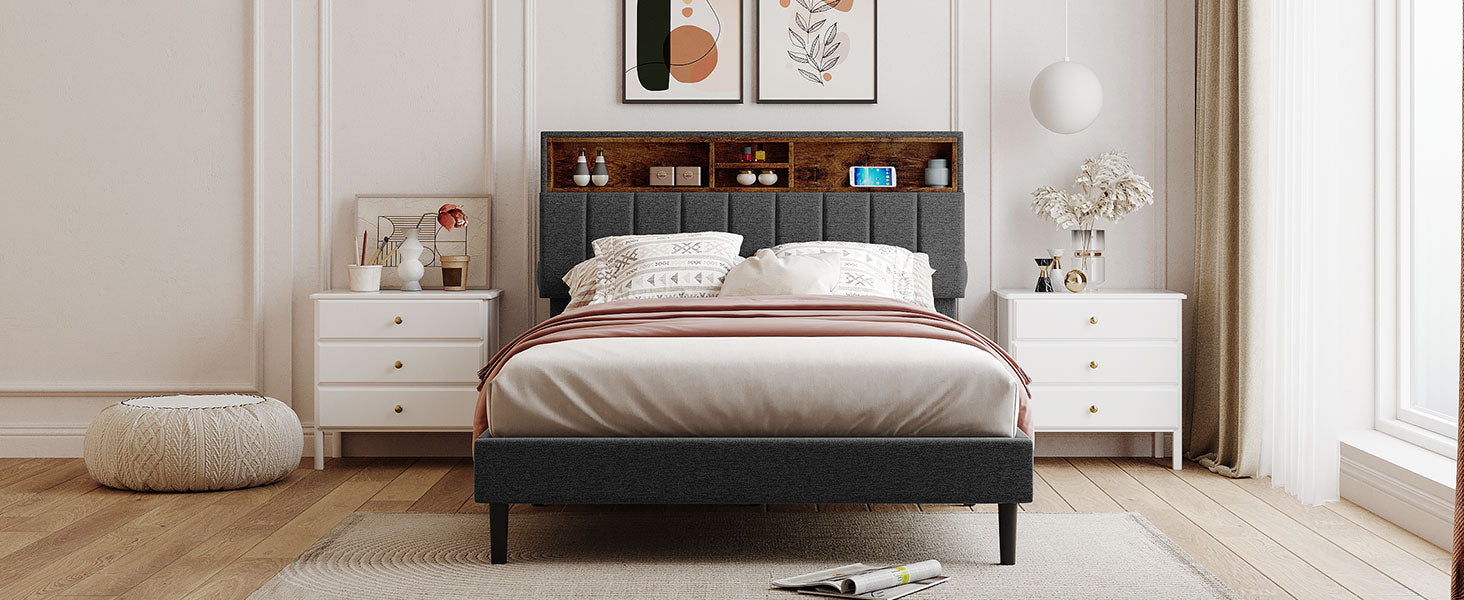 Full size Upholstered Platform Bed with Storage Headboard and USB Port Linen Fabric Upholstered Bed (Gray)