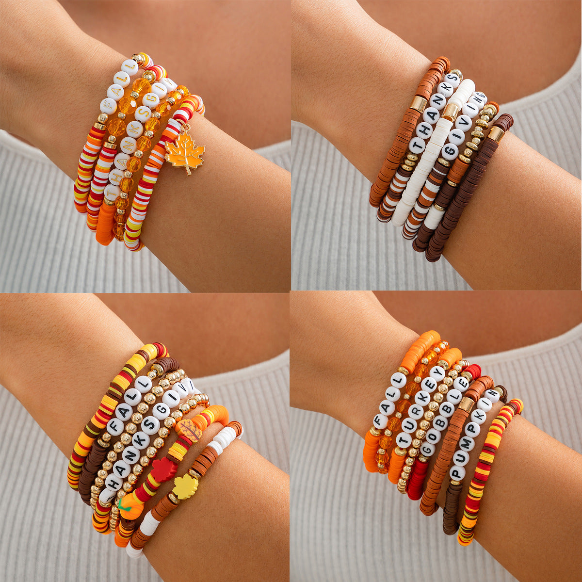 Bracelet en céramique souple avec lettre de Thanksgiving et ensemble de bracelets en perles acryliques de style ins