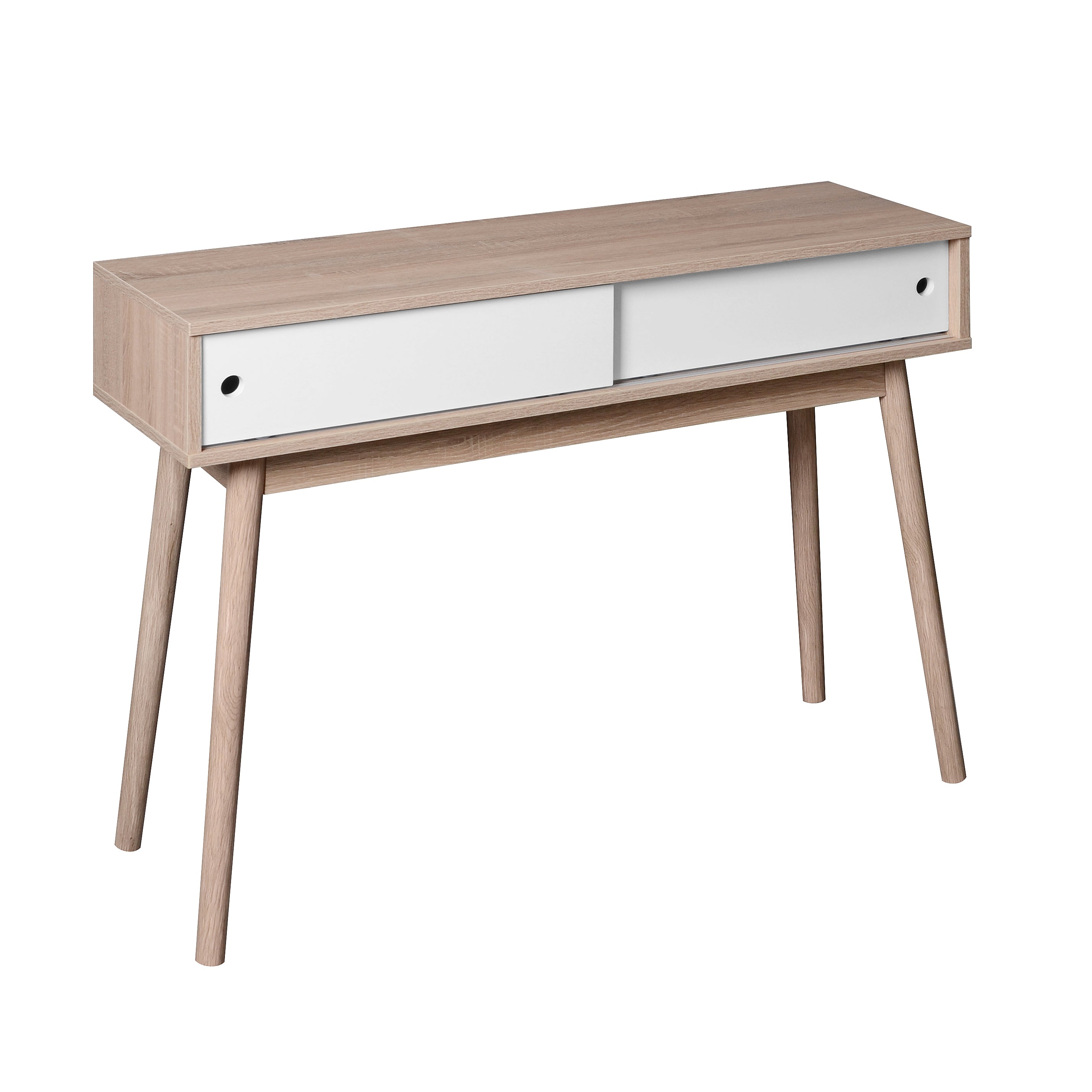 Kitchen Mid-Century Table Writing Desk with 2 Push-pull White Panel Drawers and Wood Legs, Natural Color