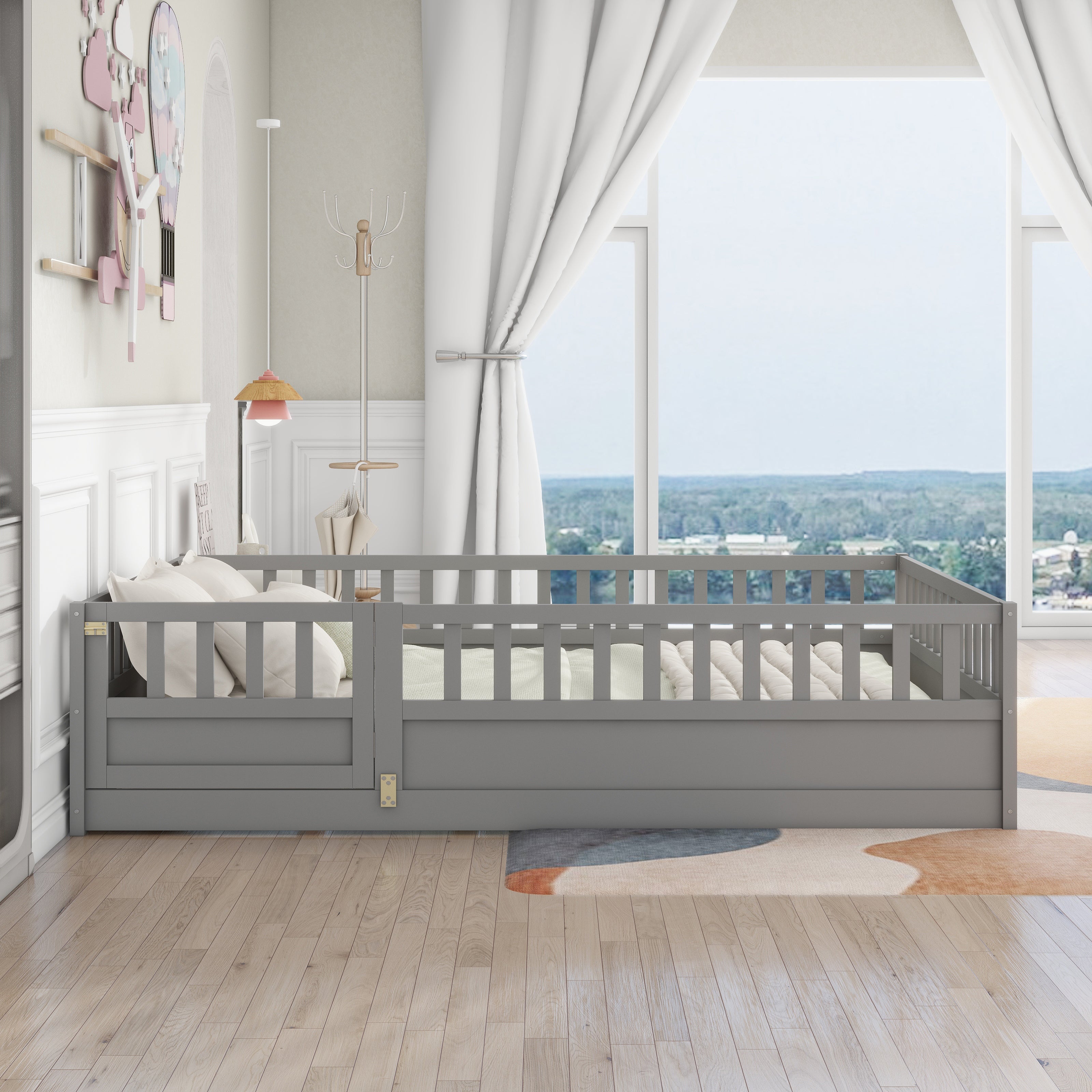 Full size floor bed, children's floor bed frame, Montessori wood floor bed, support Flat noodles gray