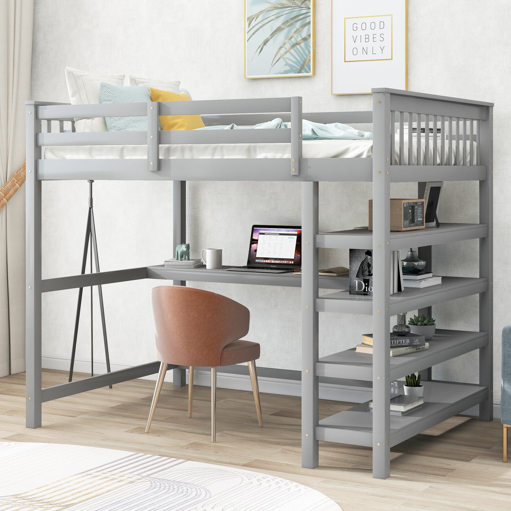 Lit mezzanine double avec étagères de rangement et bureau sous le lit, gris