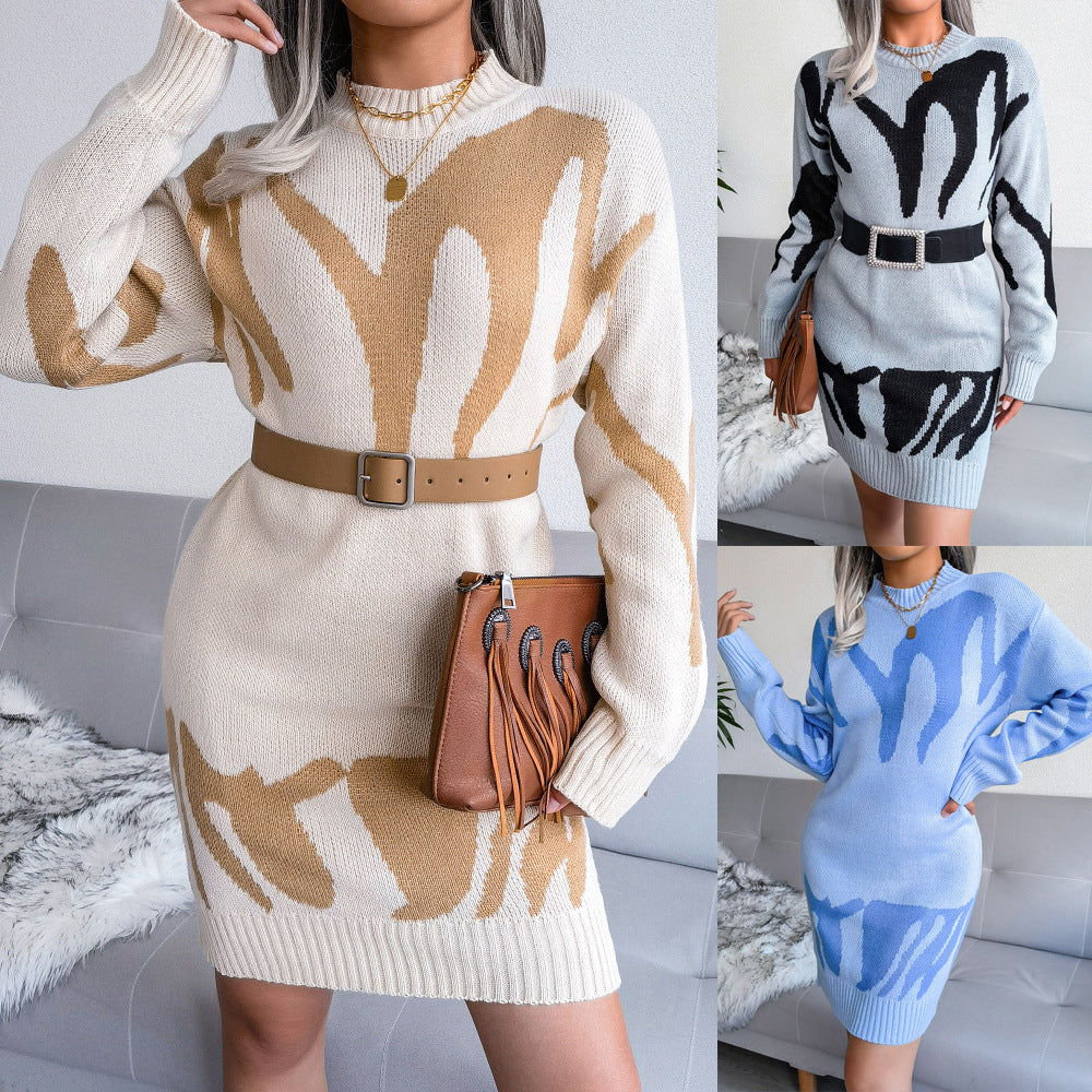 Autumn And Winter Geometric Pattern Wool Dress Knitting Dress