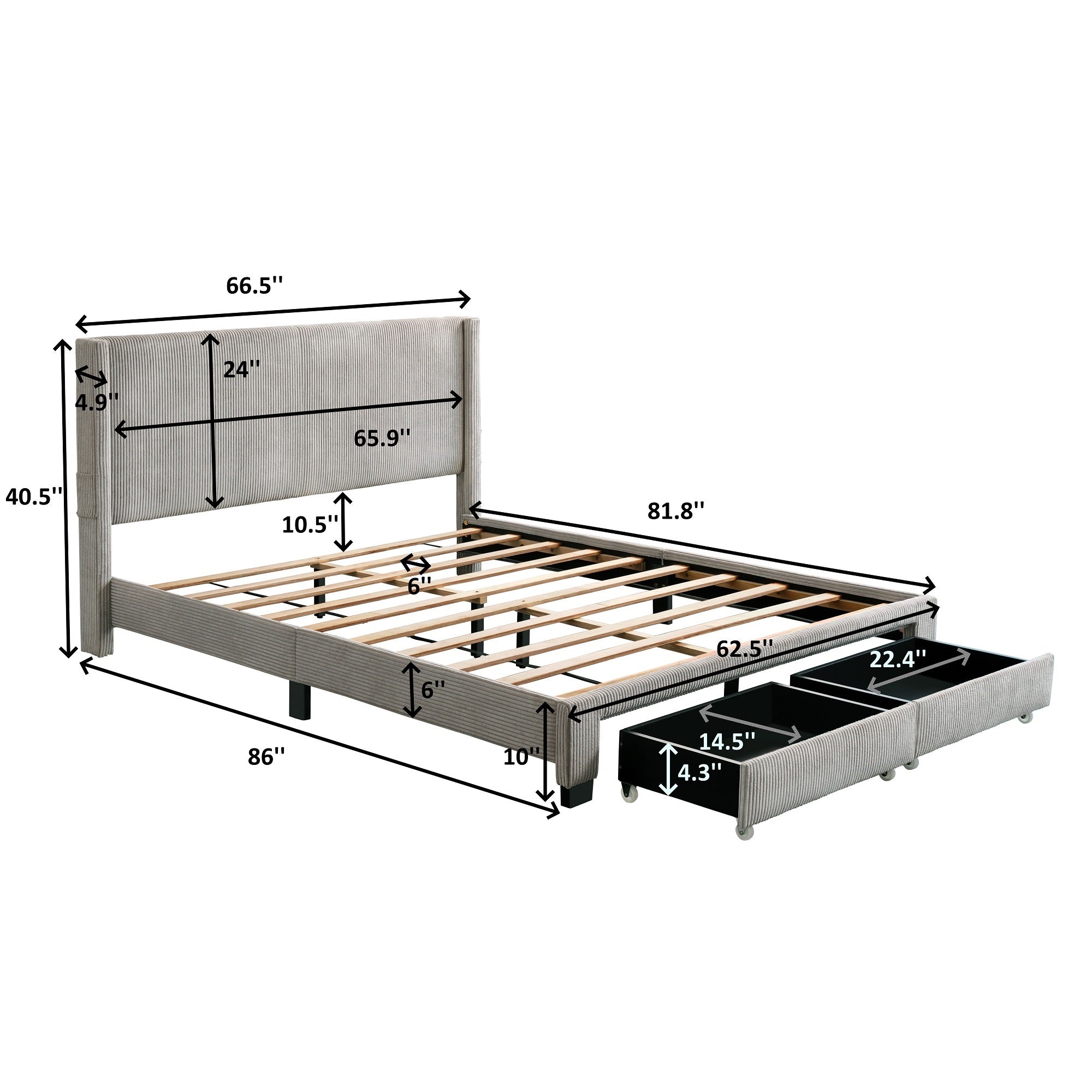 CAMA QUEEN CON PIE DE CAMA TAPIZADO, CAJÓN Y ESPALDA OREJA, DE TERCIOPELO DE PANA