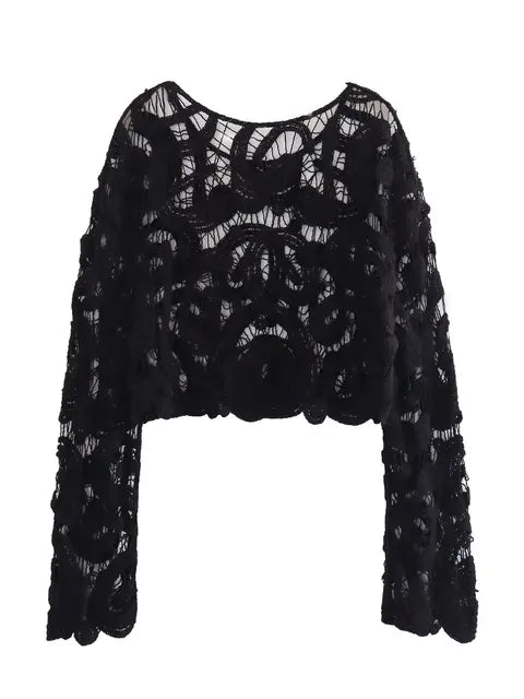 Crochet Knitted Hollow Out Blouses Long Sleeve Crop Tops