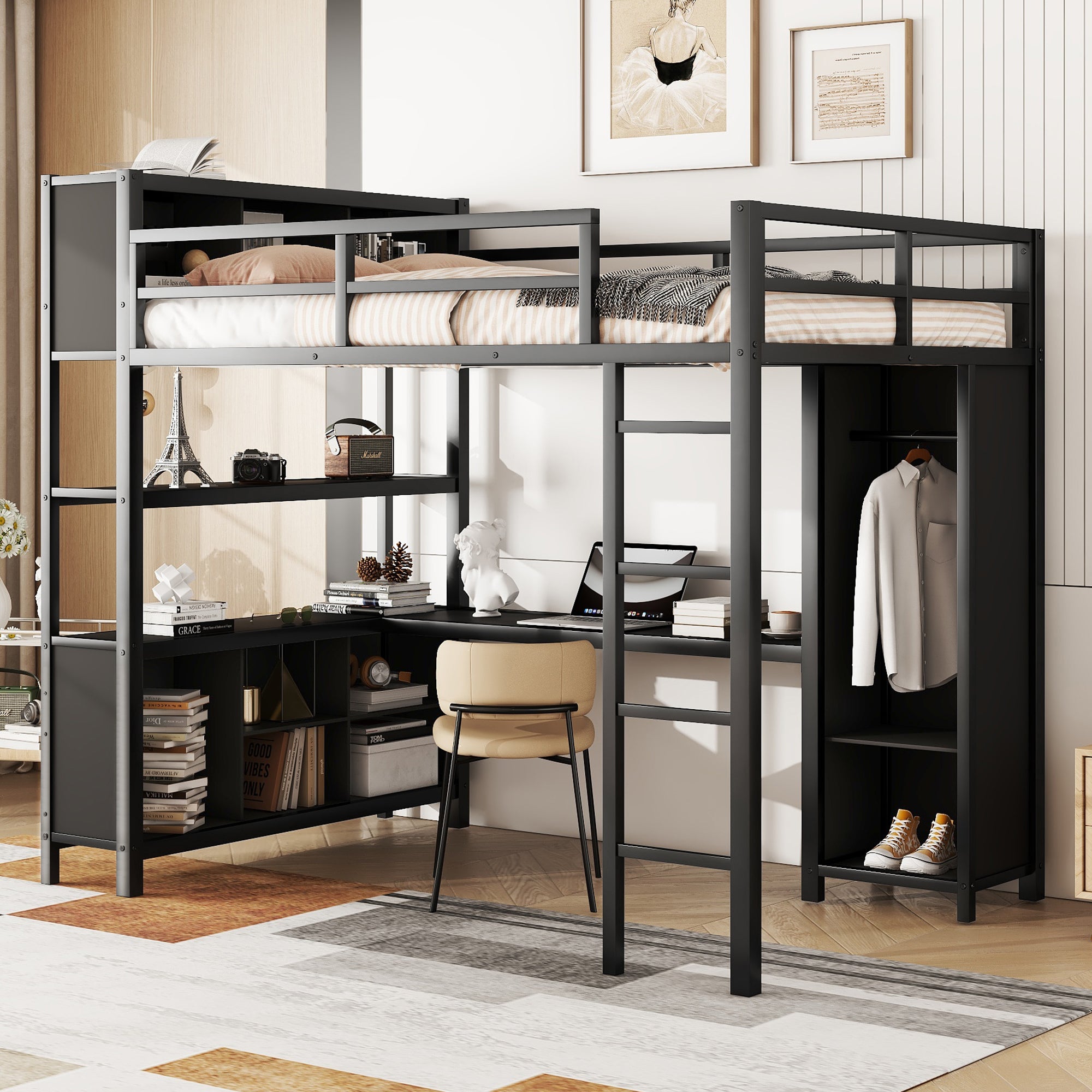 Metal loft bed with wardrobe and L-shaped desk, full-size loft bed with storage cabinet and shelf, heavy-duty loft bed, black