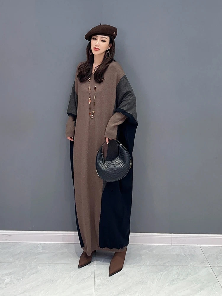 Autumn Bat Sleeve Color Matching Oversize Loose Fashion Women Clothing Sweater Dress