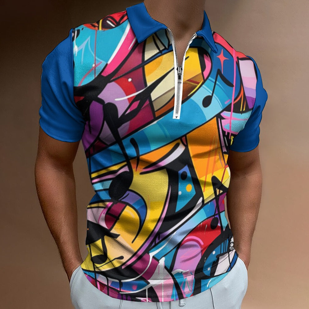 All That Jazz Multi Print and Zip Up Solid Short Sleeve Polo Shirt