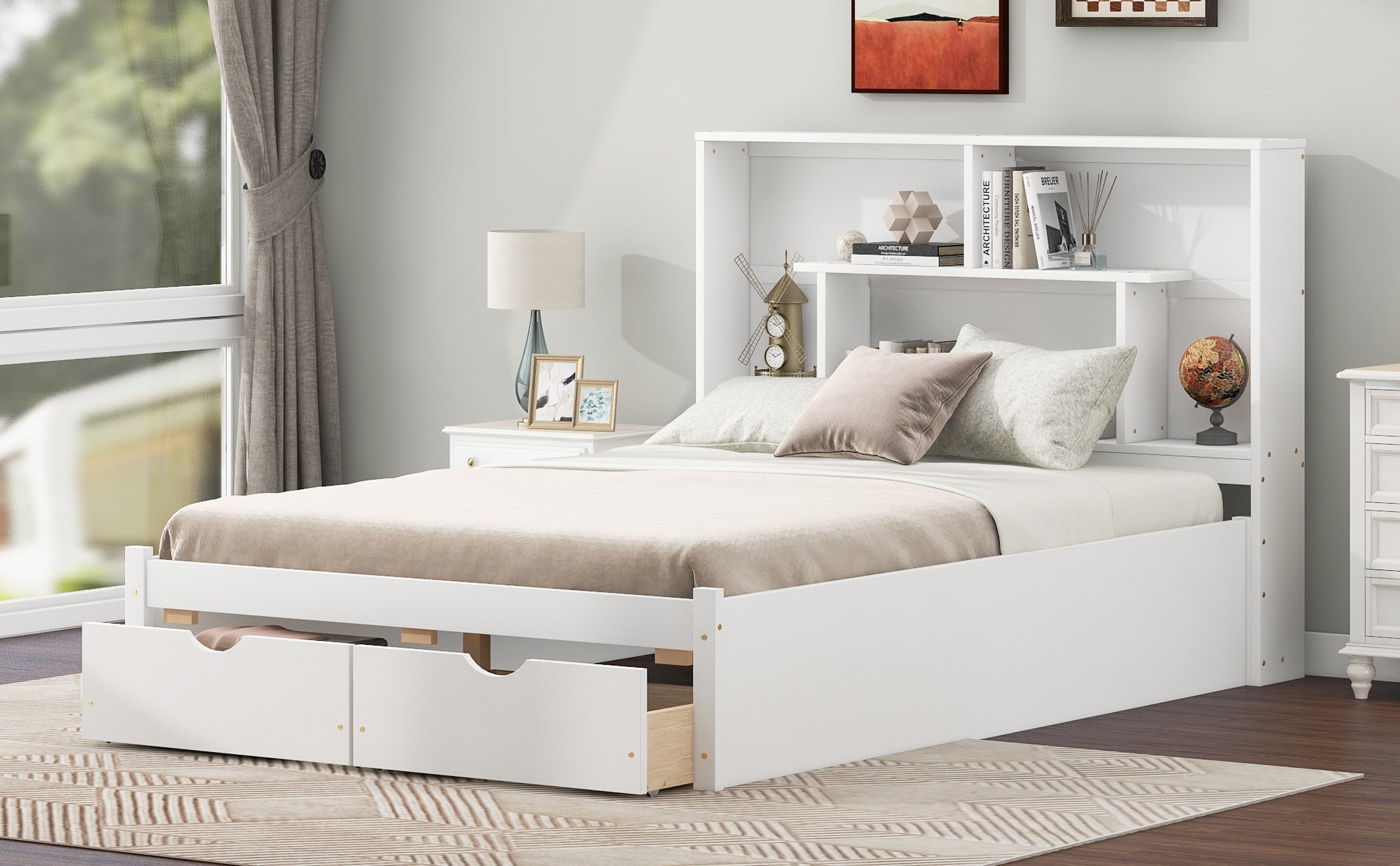 Cama de plataforma de tamaño completo con cabecera con espacio de almacenamiento y 2 cajones, color blanco